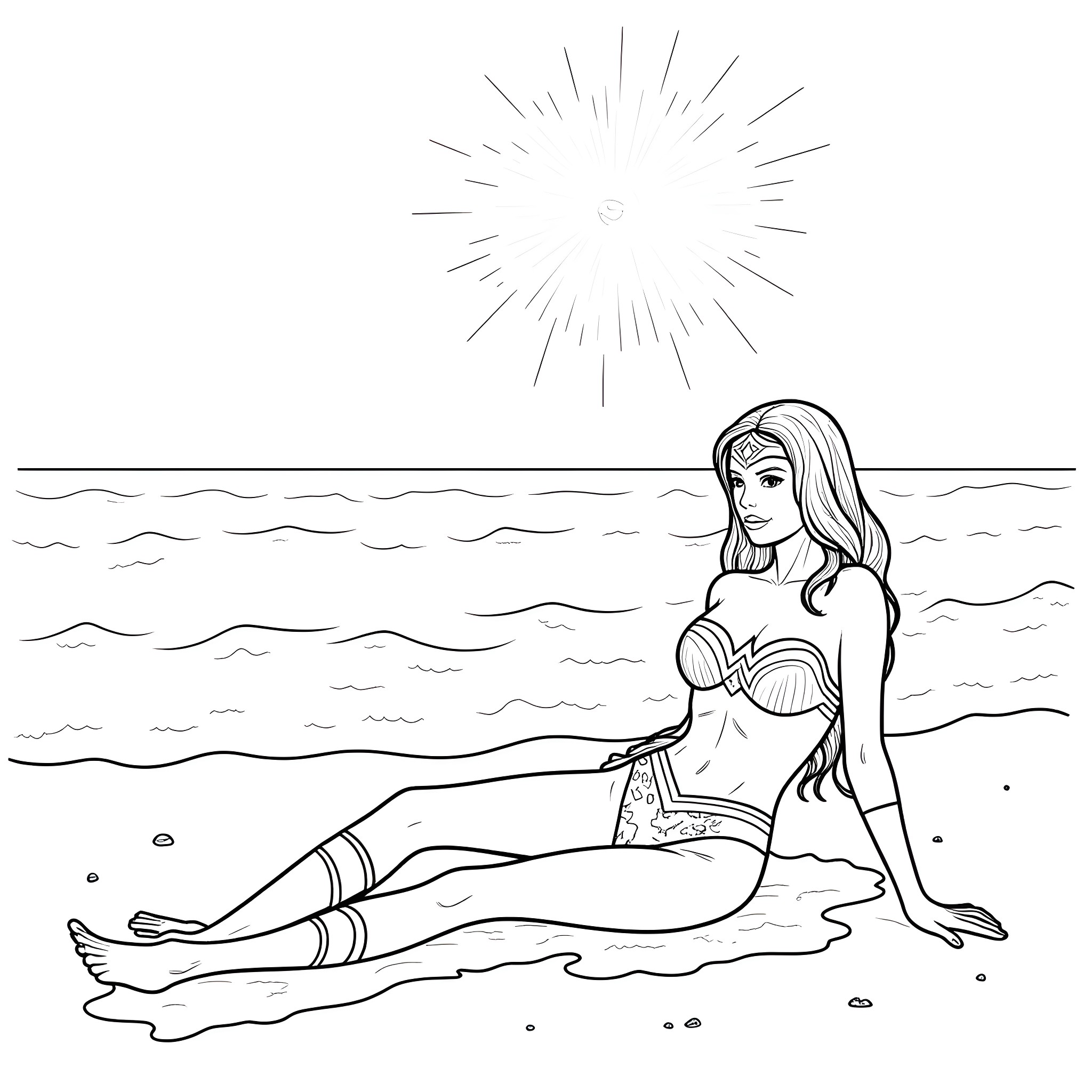 Wonder Woman relaxing on the beach under the sun Coloring Page (free black-and-white line drawing printable PDF for all, from beginners to advanced learners, including children, teens, adults, and seniors)