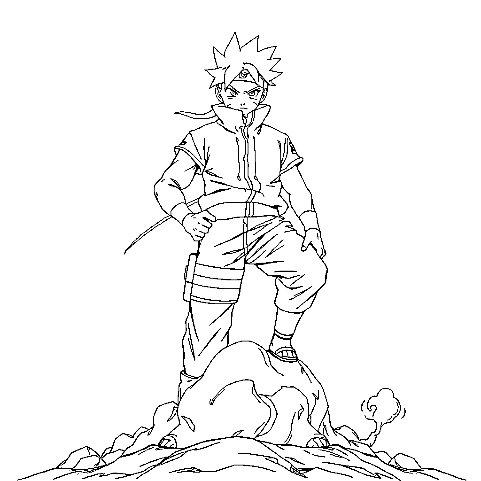 Naruto heroically stands on a mountain Coloring Page (free black-and-white line drawing printable PDF for all, from beginners to advanced learners, including children, teens, adults, and seniors)