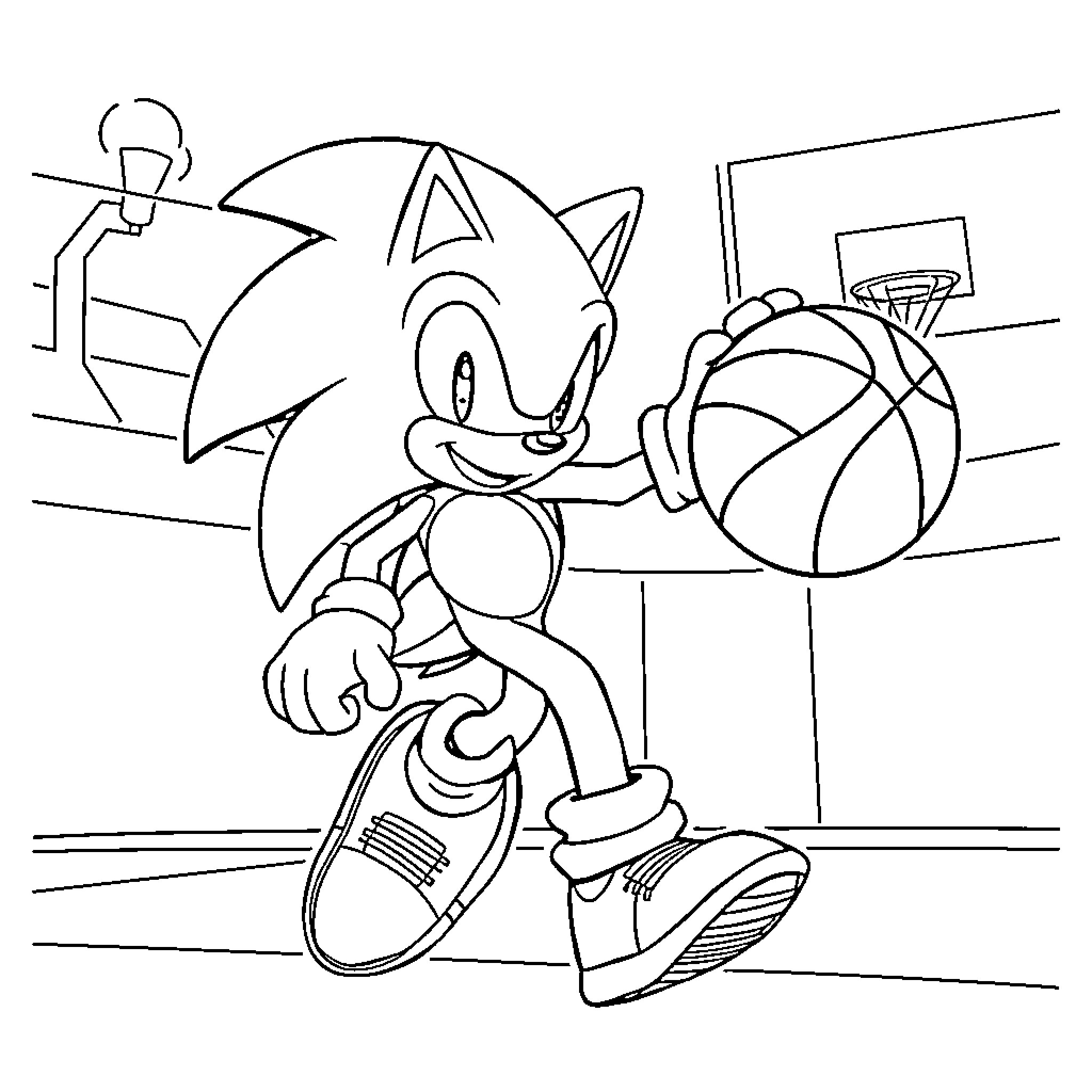 Sonic playing with a basketball in the court Coloring Page (free black-and-white line drawing printable PDF for all, from beginners to advanced learners, including children, teens, adults, and seniors)
