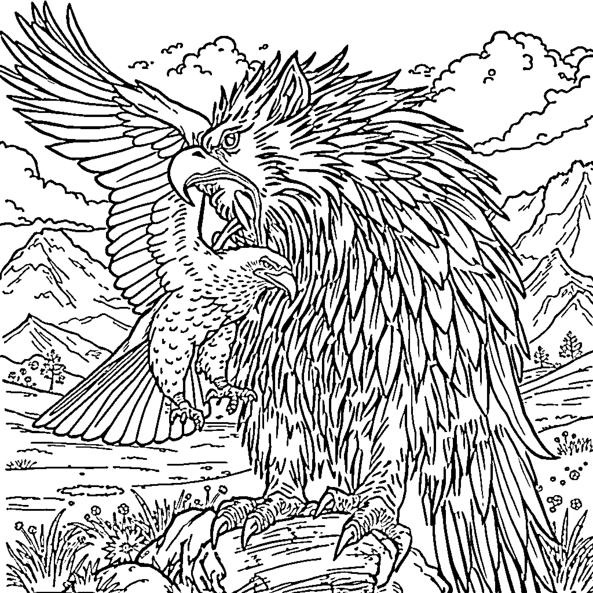 Lobo the majestic eagle soars over the rugged landscape Coloring Page (free black-and-white line drawing printable PDF for all, from beginners to advanced learners, including children, teens, adults, and seniors)