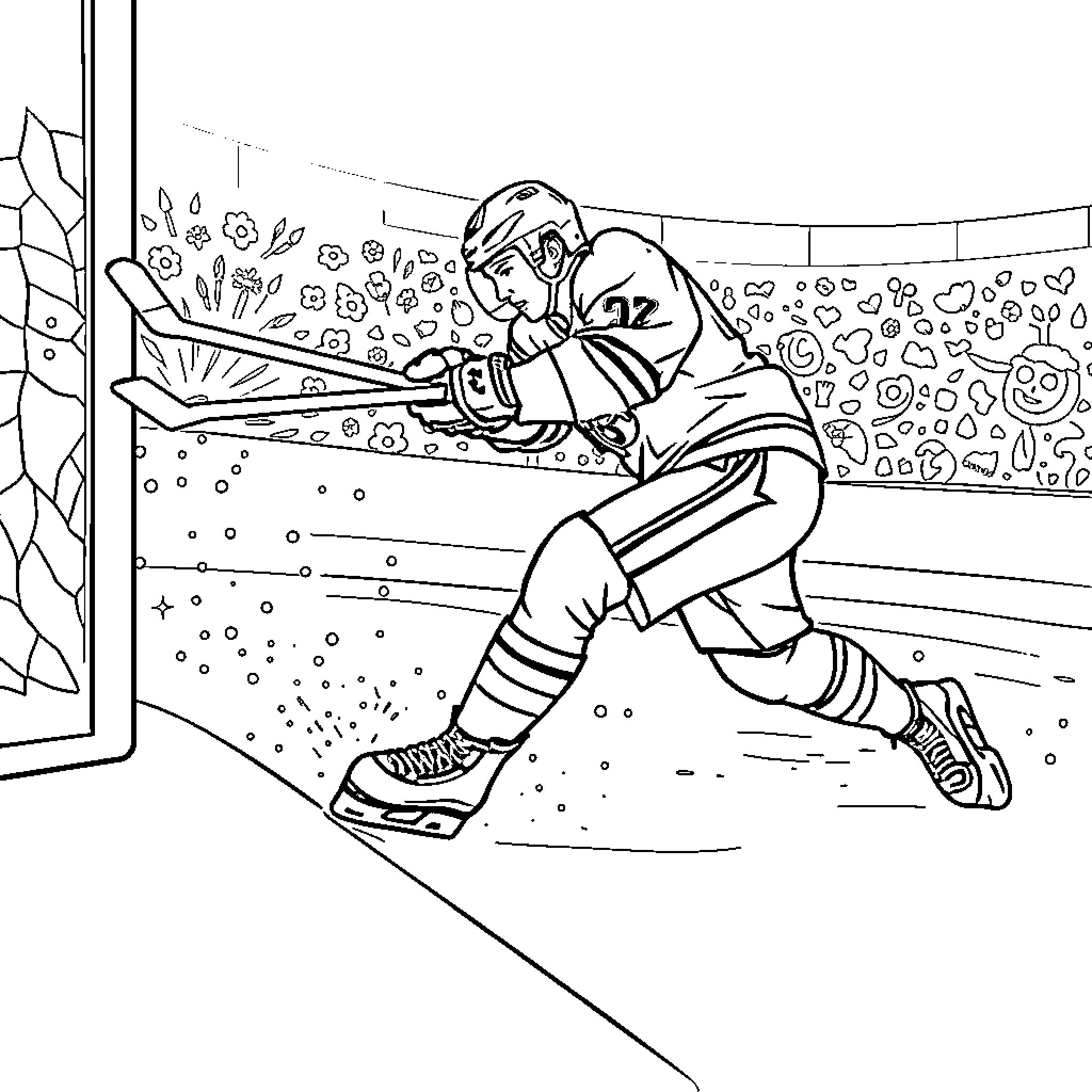 Sidney Crosby Celebrating Hockey Goal on Ice Coloring Page (free black-and-white line drawing printable PDF for all, from beginners to advanced learners, including children, teens, adults, and seniors)