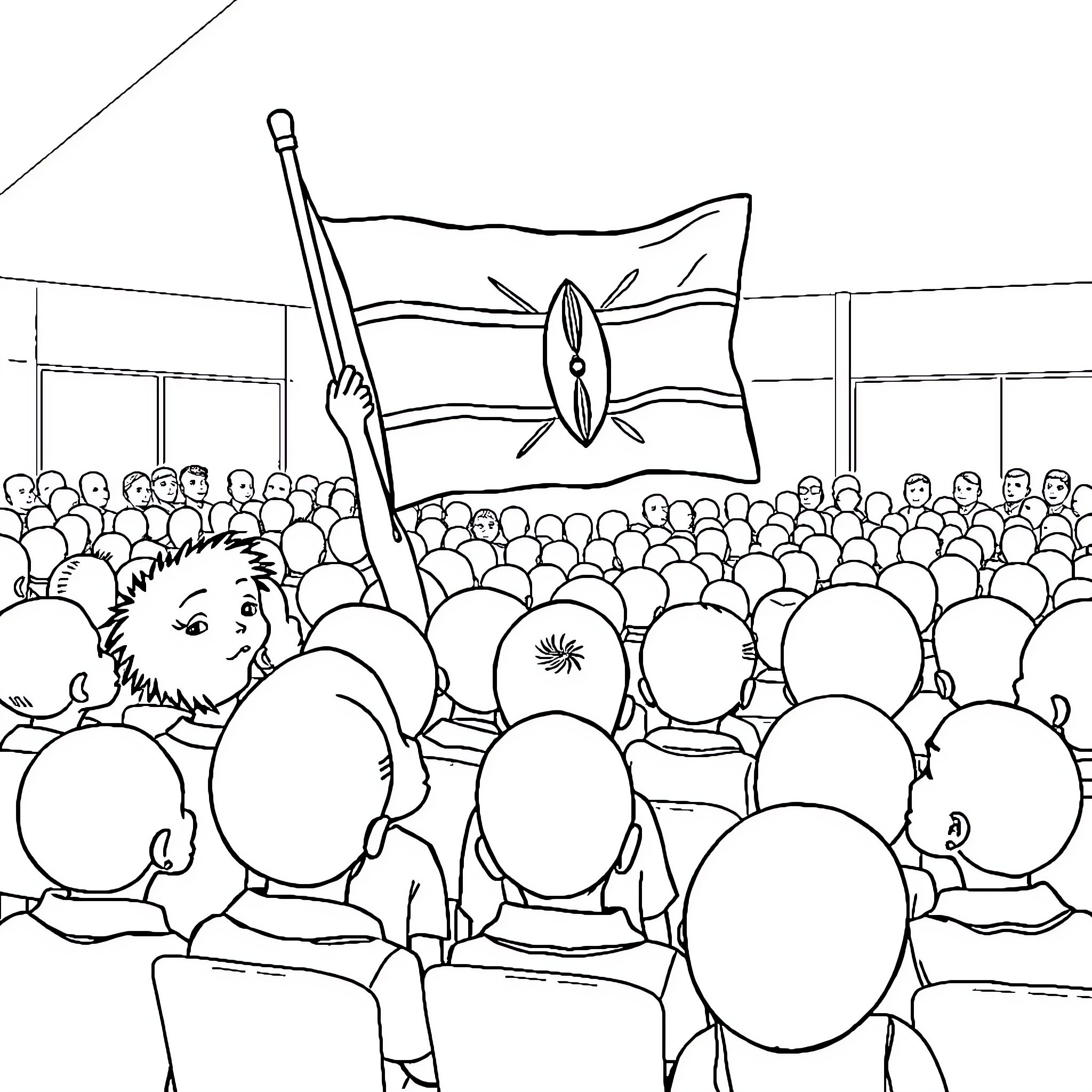 Child waving flag at political rally Coloring Page (free black-and-white line drawing printable PDF for all, from beginners to advanced learners, including children, teens, adults, and seniors)