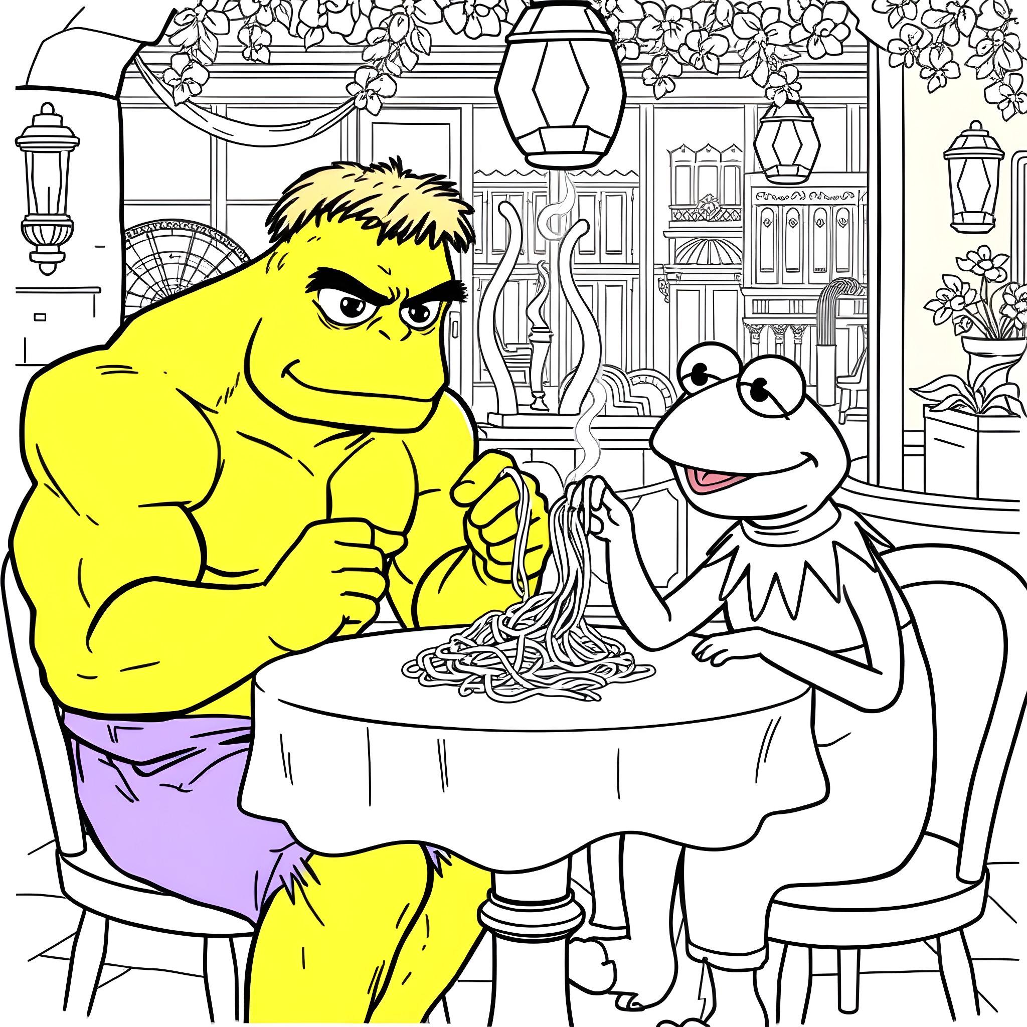 Kermit and Hulk Enjoying a Meal Together Coloring Page (free black-and-white line drawing printable PDF for all, from beginners to advanced learners, including children, teens, adults, and seniors)