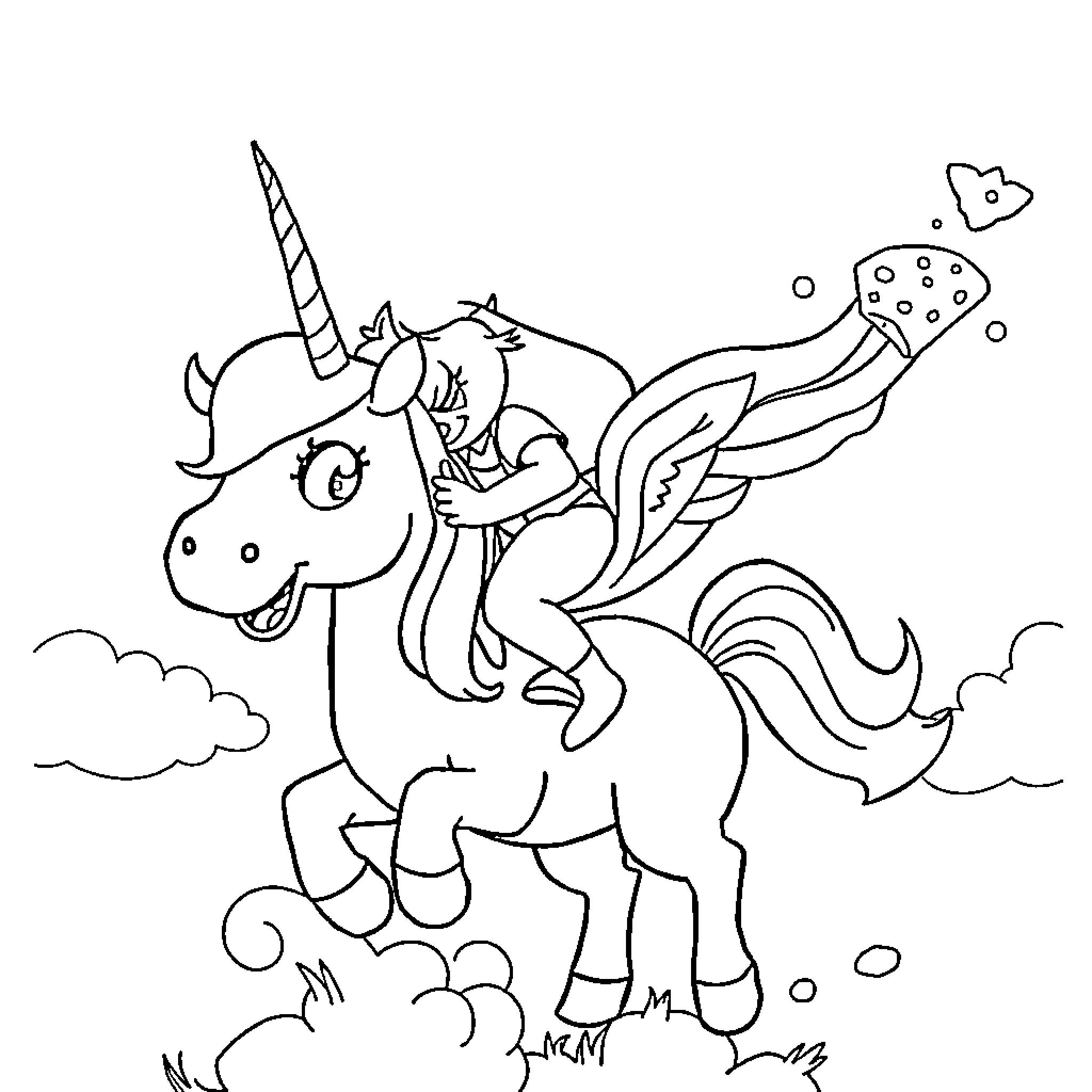 Mabel riding a magical unicorn in the clouds Coloring Page (free black-and-white line drawing printable PDF for all, from beginners to advanced learners, including children, teens, adults, and seniors)