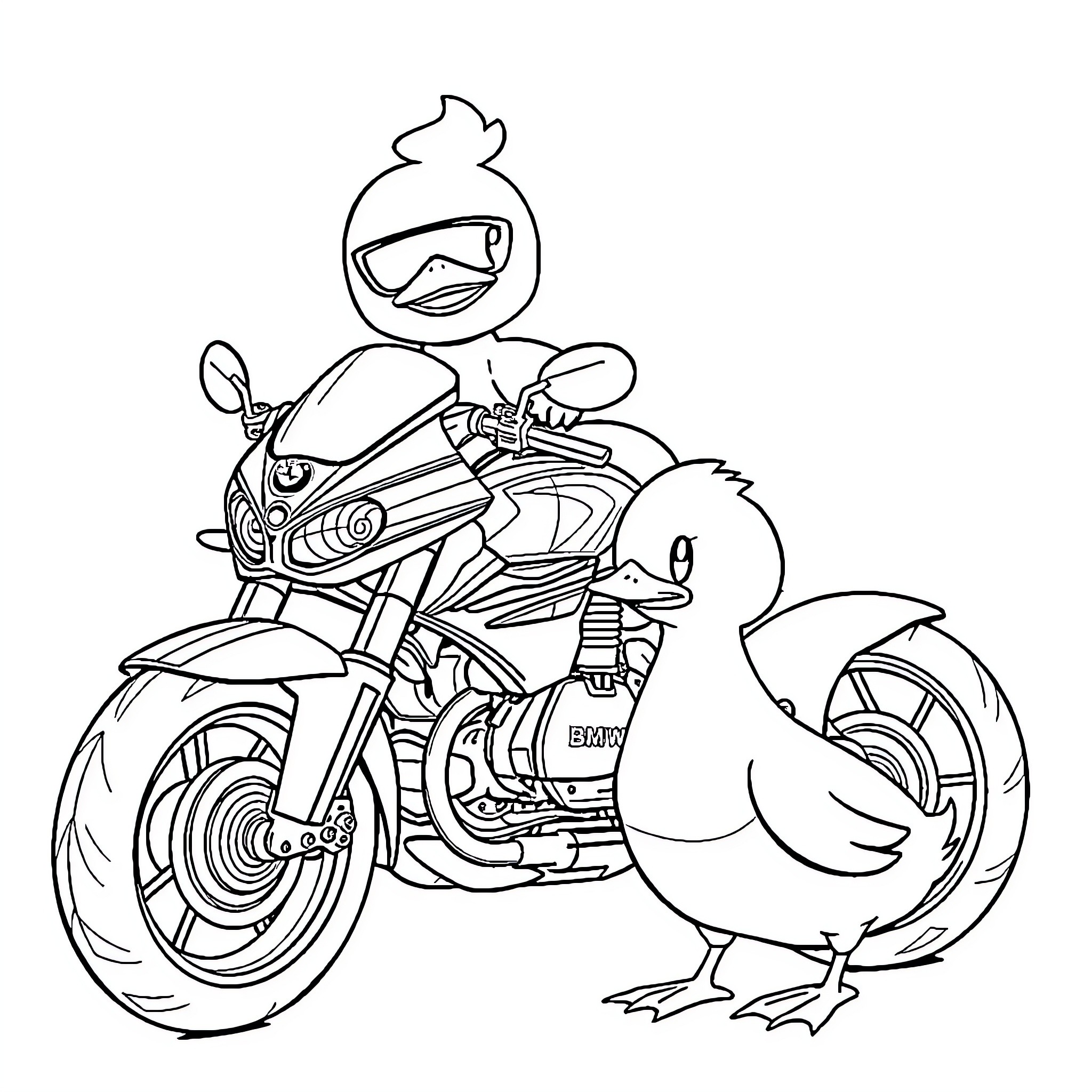 Psyduck riding a motorcycle with a duckling companion Coloring Page (free black-and-white line drawing printable PDF for all, from beginners to advanced learners, including children, teens, adults, and seniors)