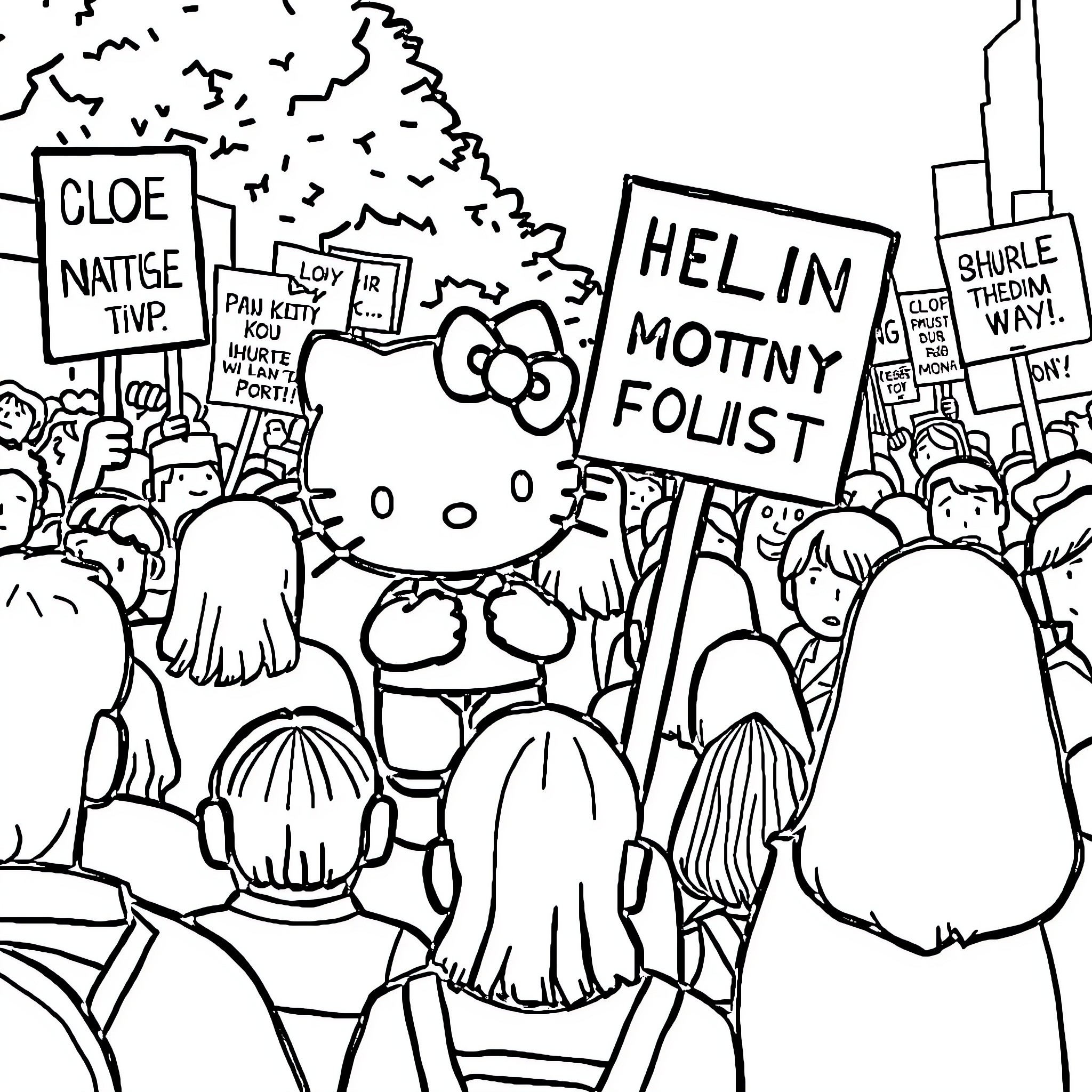 Hello Kitty leads a protest march Coloring Page (free black-and-white line drawing printable PDF for all, from beginners to advanced learners, including children, teens, adults, and seniors)