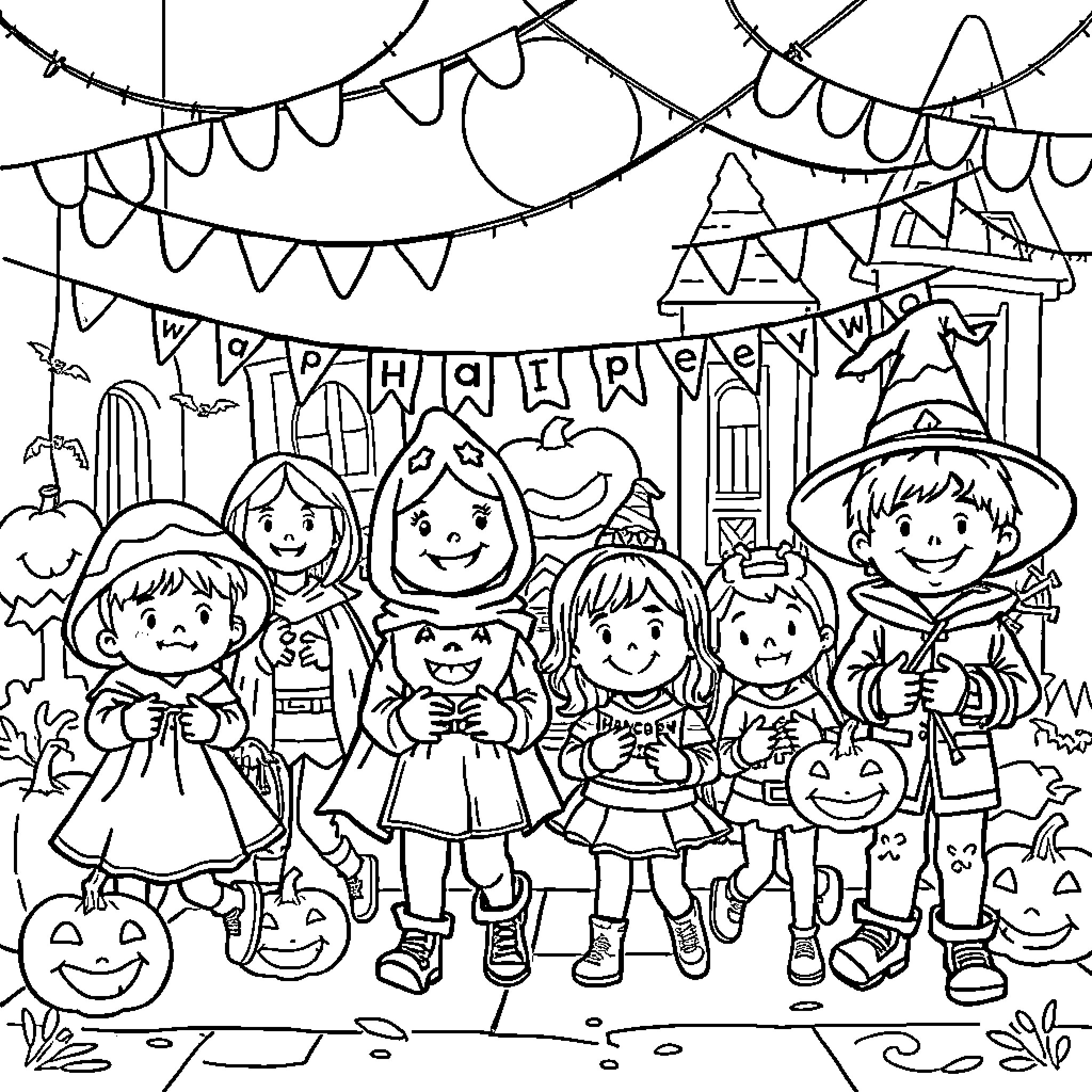 Halloween costume party with children celebrating Coloring Page (free black-and-white line drawing printable PDF for all, from beginners to advanced learners, including children, teens, adults, and seniors)