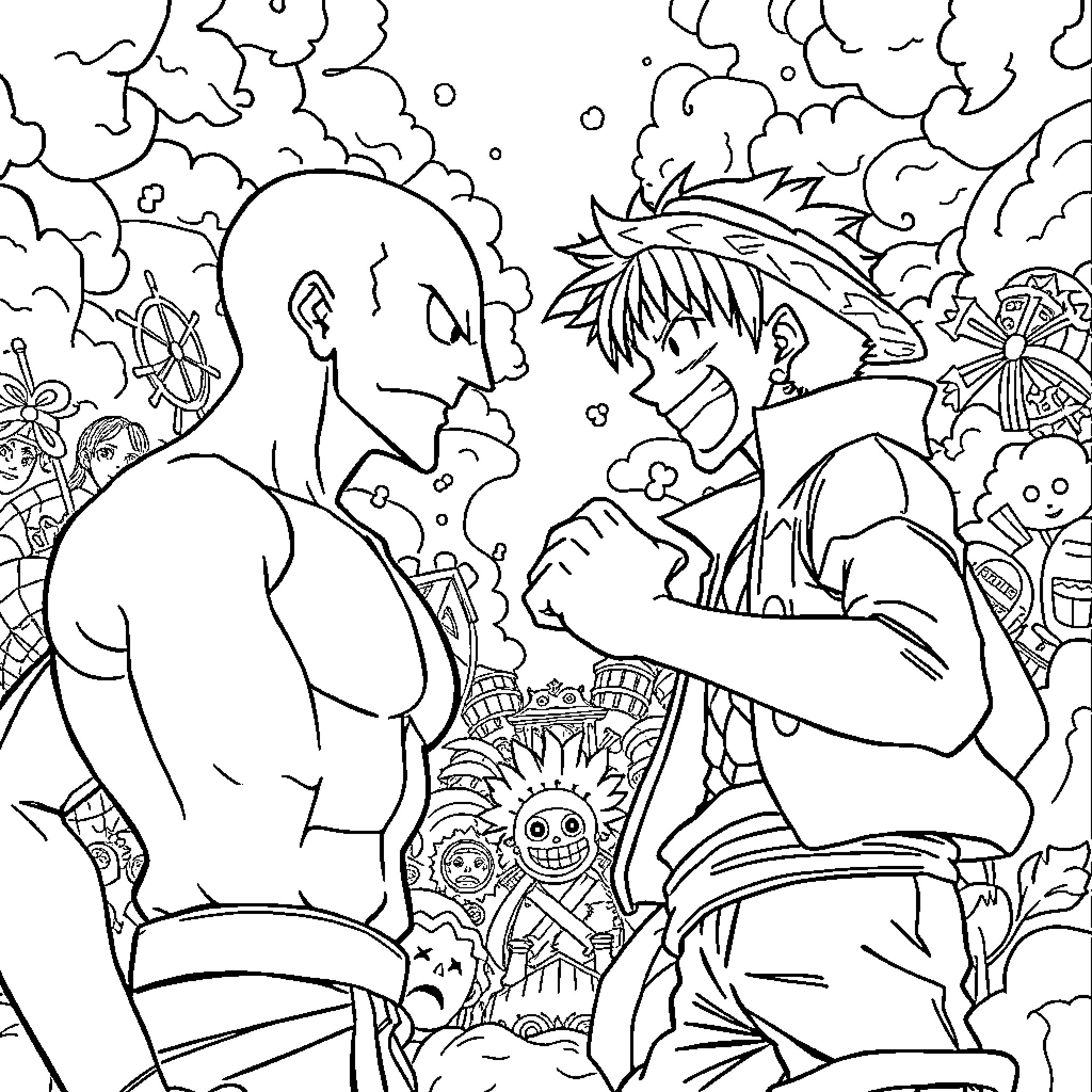 Saitama's Intense Encounter with Mysterious Character Coloring Page (free black-and-white line drawing printable PDF for all, from beginners to advanced learners, including children, teens, adults, and seniors)