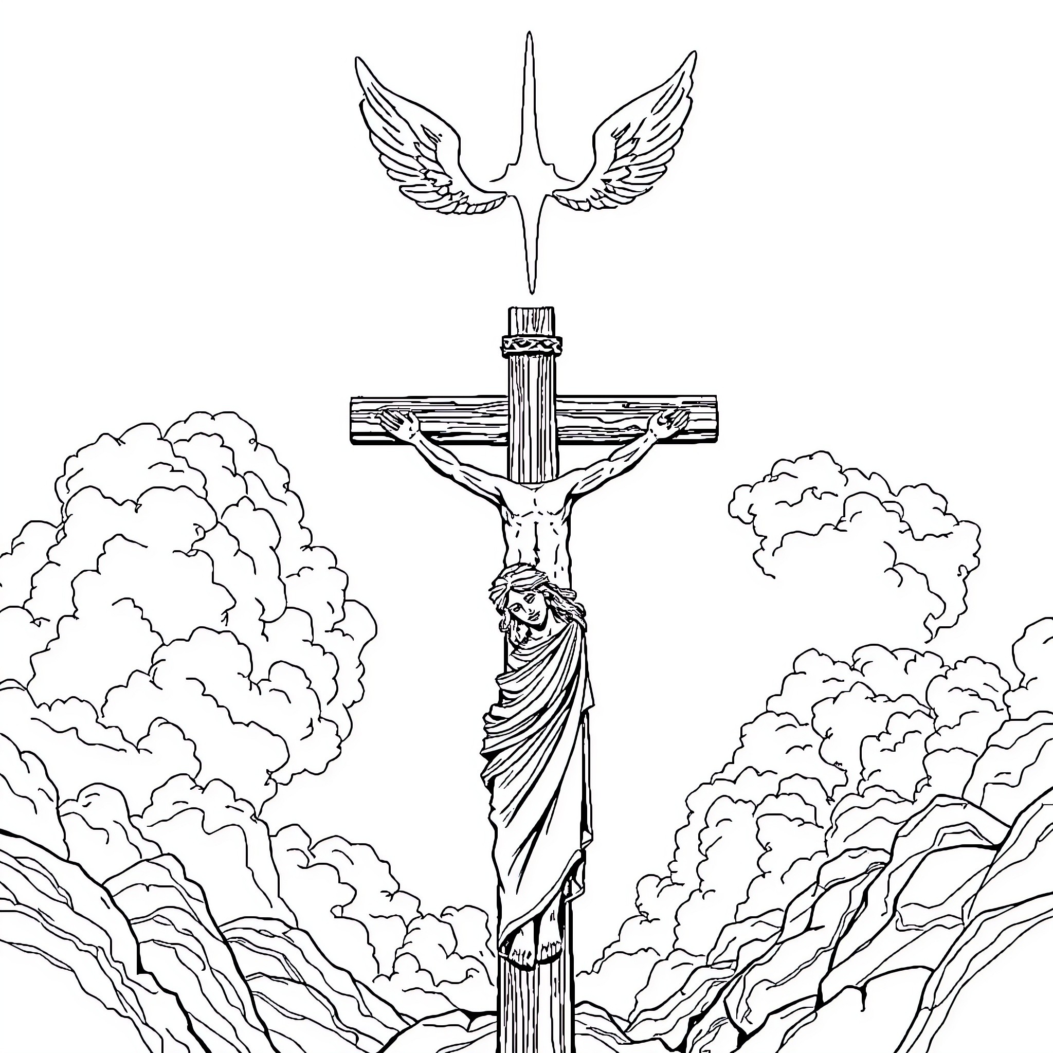 God's Divine Crucifixion Scene Amidst Clouds Coloring Page (free black-and-white line drawing printable PDF for all, from beginners to advanced learners, including children, teens, adults, and seniors)