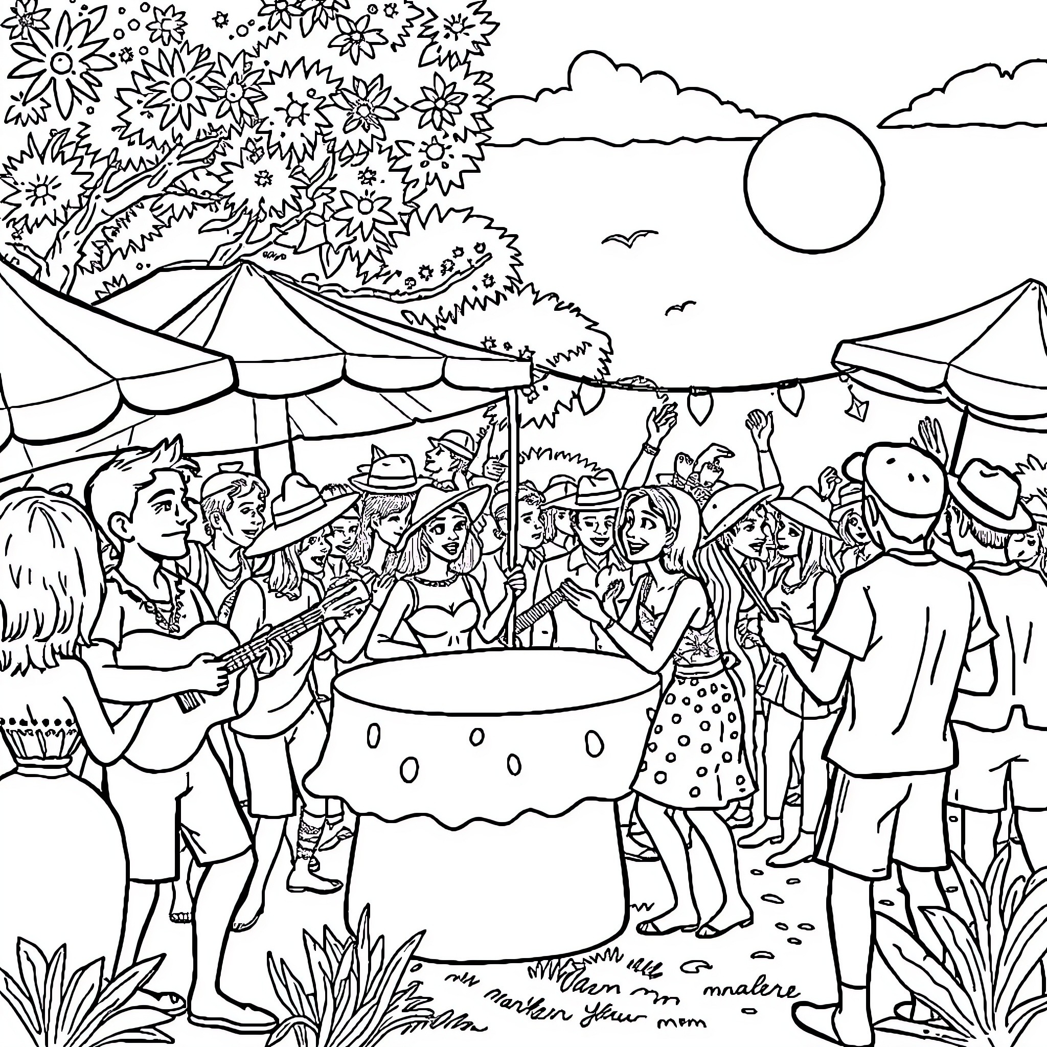 Jamboree of Lively Outdoor Festivities Coloring Page (free black-and-white line drawing printable PDF for all, from beginners to advanced learners, including children, teens, adults, and seniors)