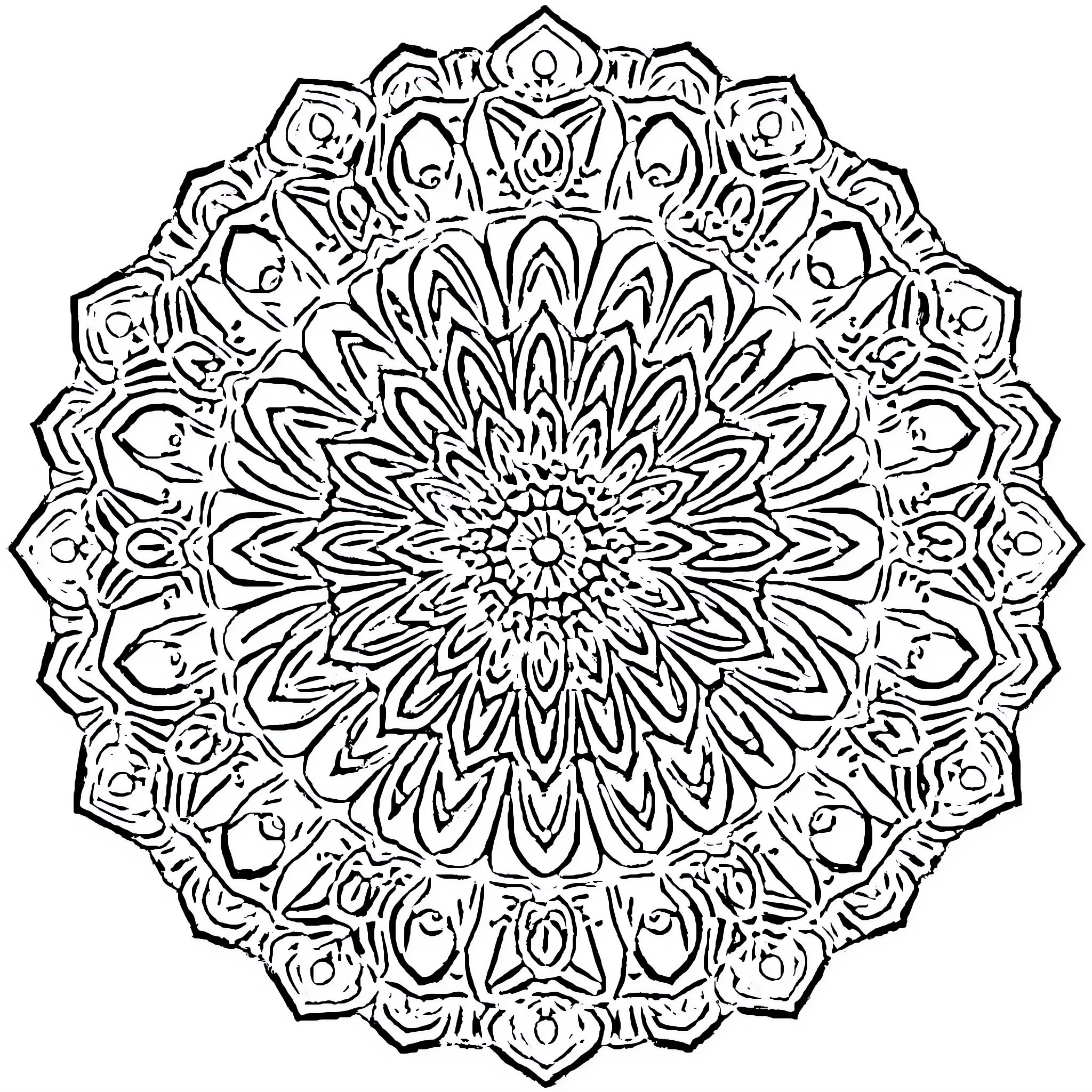 Mandala of intricate floral patterns and shapes Coloring Page (free black-and-white line drawing printable PDF for all, from beginners to advanced learners, including children, teens, adults, and seniors)