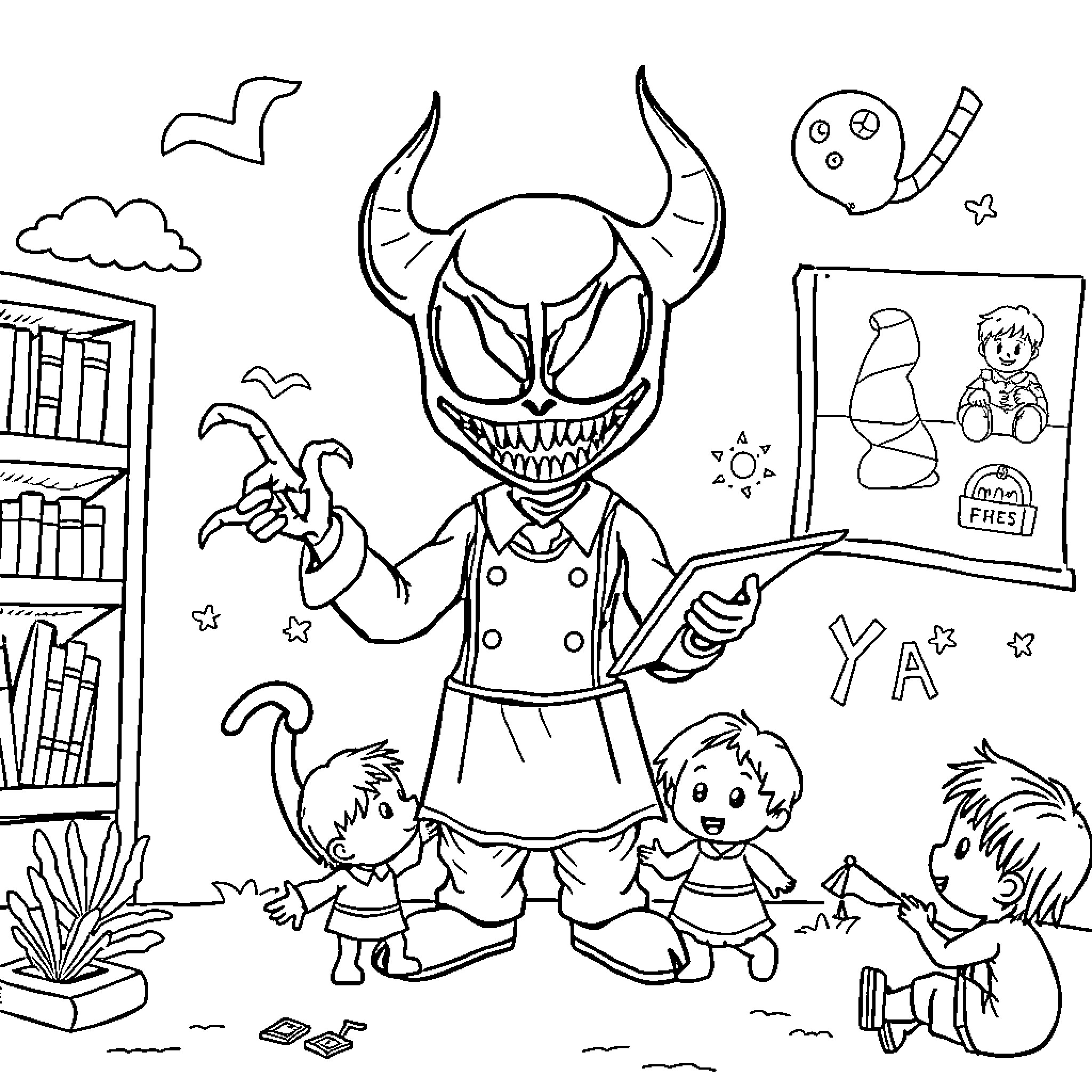 Venom Frightens Children in Classroom Coloring Page (free black-and-white line drawing printable PDF for all, from beginners to advanced learners, including children, teens, adults, and seniors)