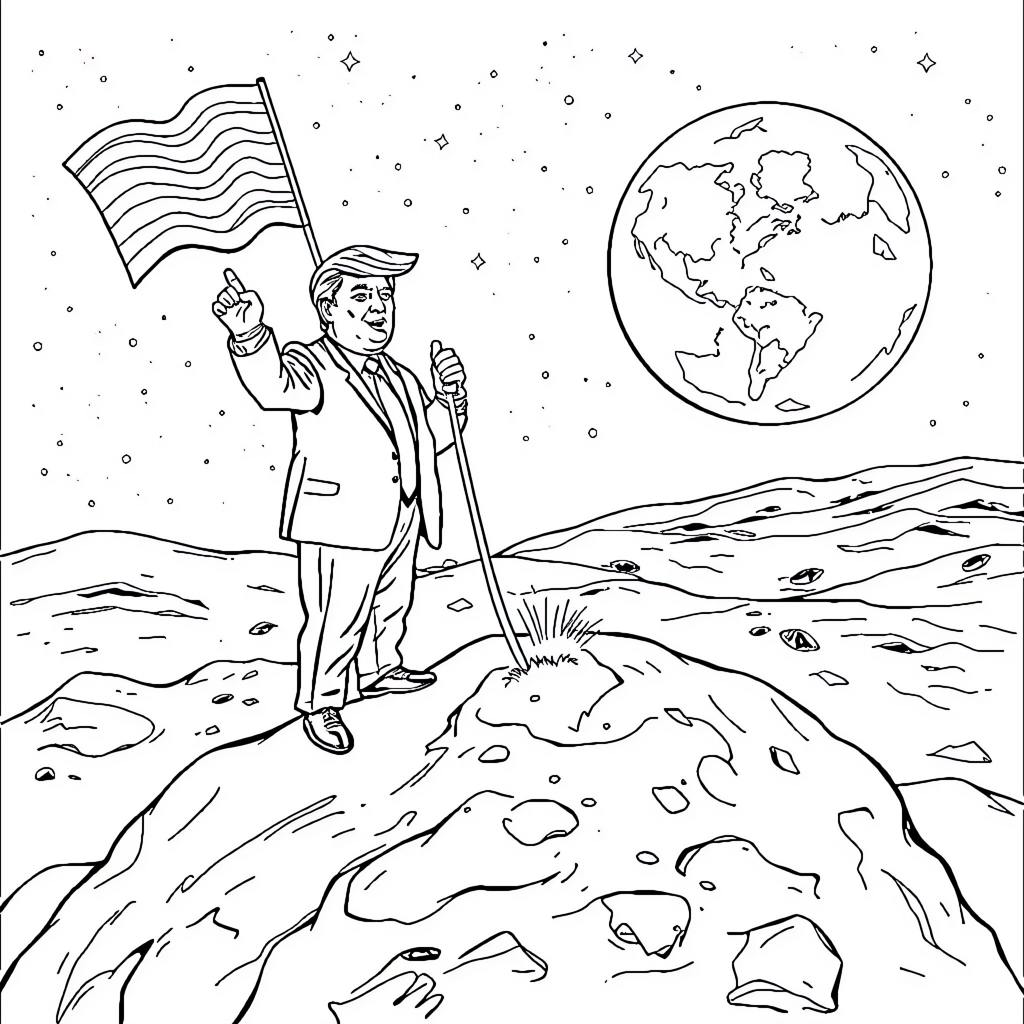 Trump's Triumphant Moon Landing Coloring Page (free black-and-white line drawing printable PDF for all, from beginners to advanced learners, including children, teens, adults, and seniors)