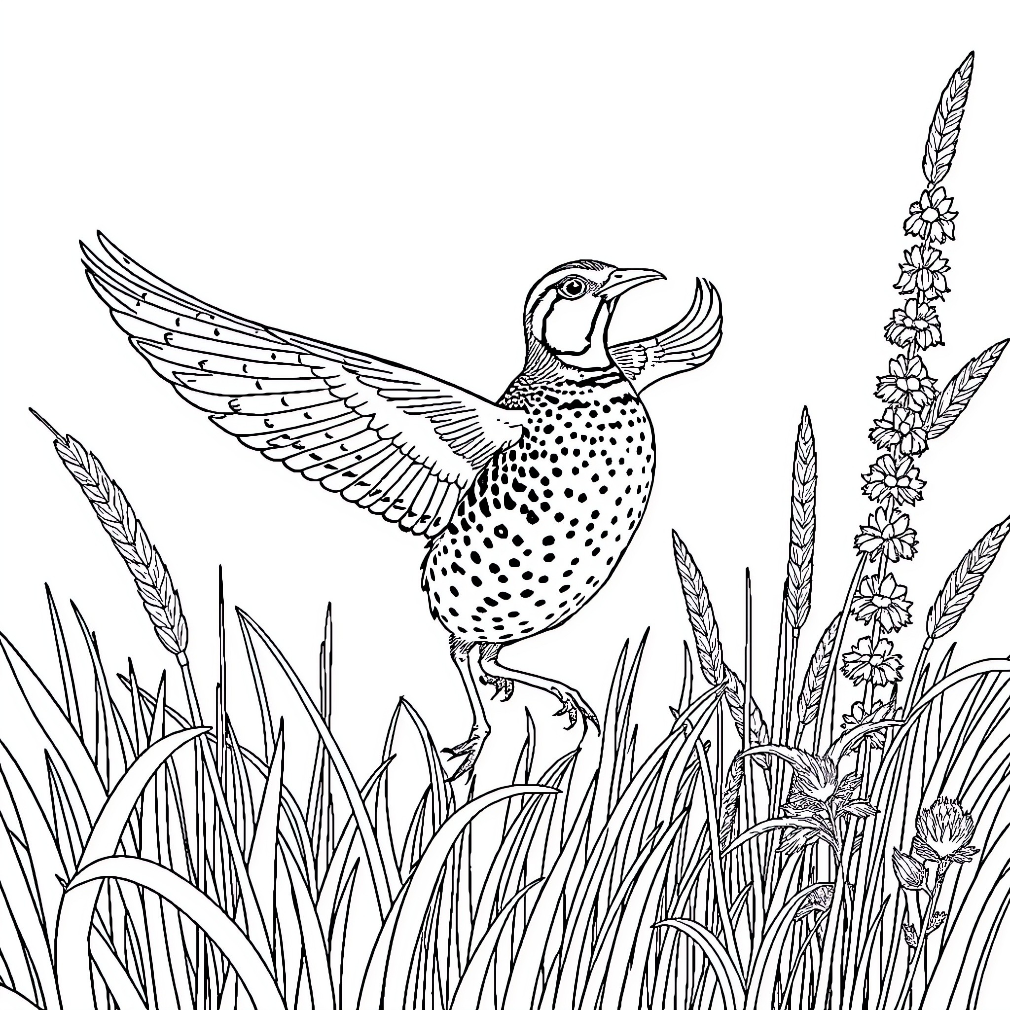 Quail taking flight amidst floral vegetation Coloring Page (free black-and-white line drawing printable PDF for all, from beginners to advanced learners, including children, teens, adults, and seniors)