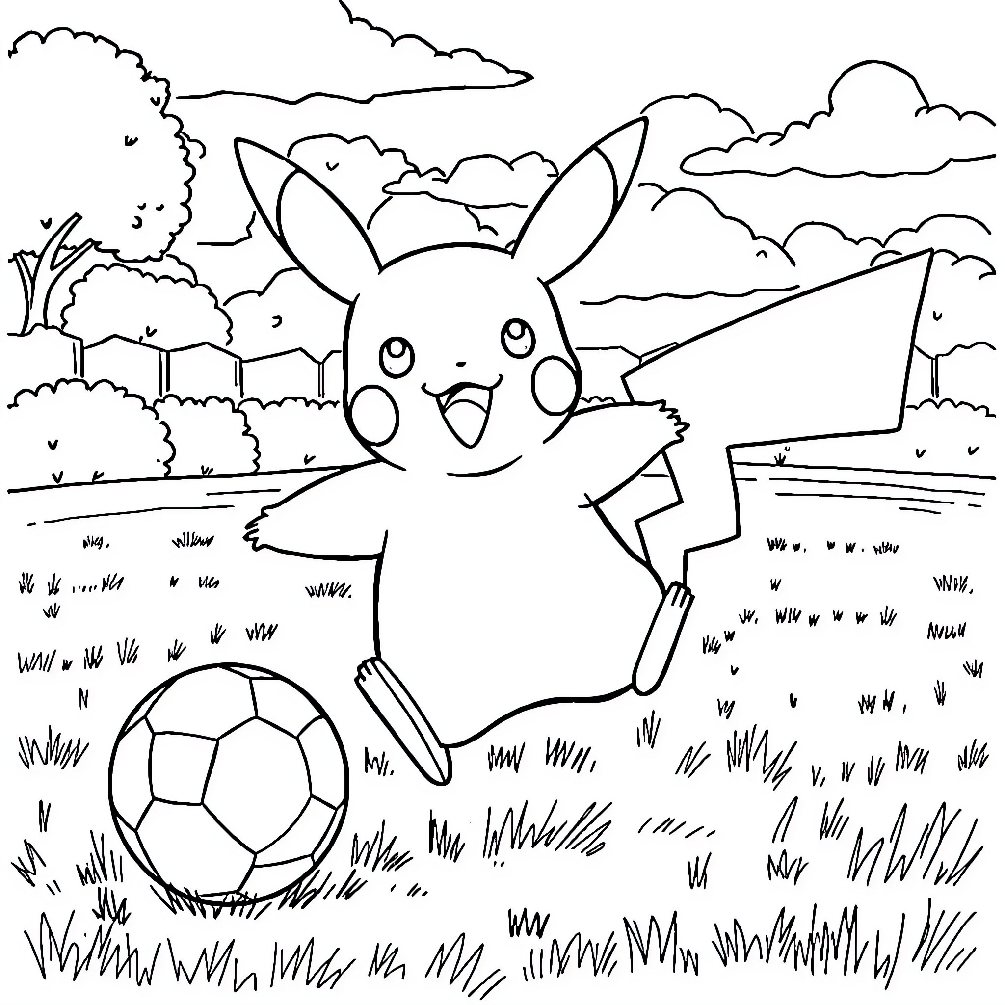 Pikachu playing with a soccer ball in a grassy field Coloring Page (free black-and-white line drawing printable PDF for all, from beginners to advanced learners, including children, teens, adults, and seniors)
