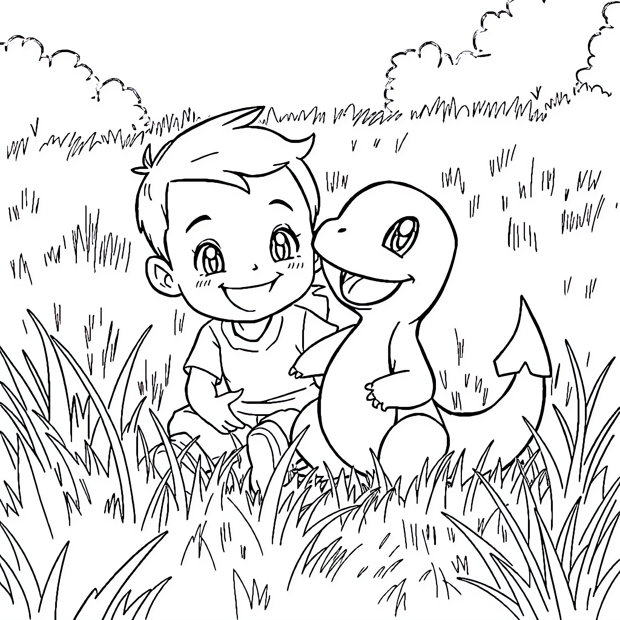 Charmander and Child Playing in the Grass Coloring Page (free black-and-white line drawing printable PDF for all, from beginners to advanced learners, including children, teens, adults, and seniors)