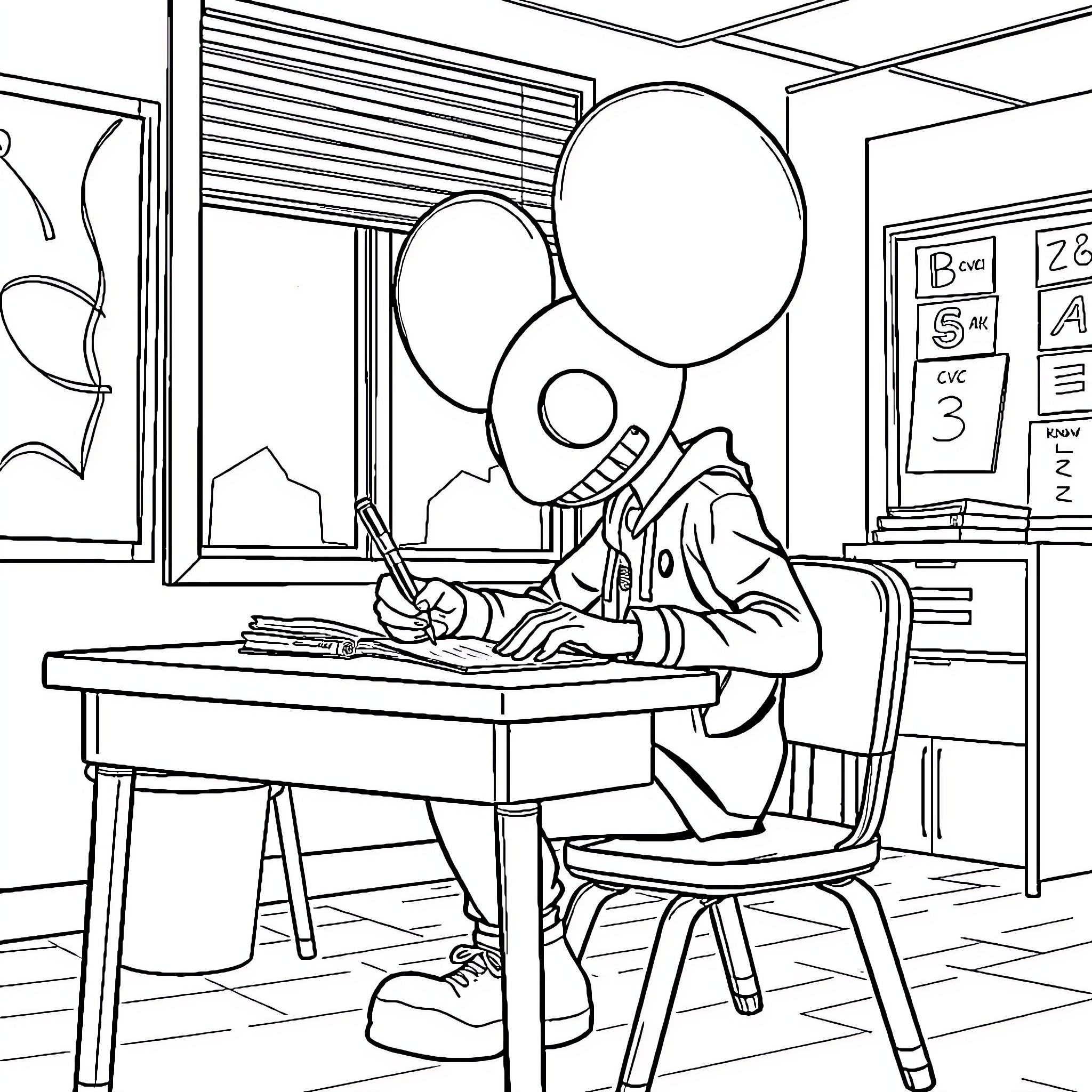 Deadmau5 creating music in a studio Coloring Page (free black-and-white line drawing printable PDF for all, from beginners to advanced learners, including children, teens, adults, and seniors)