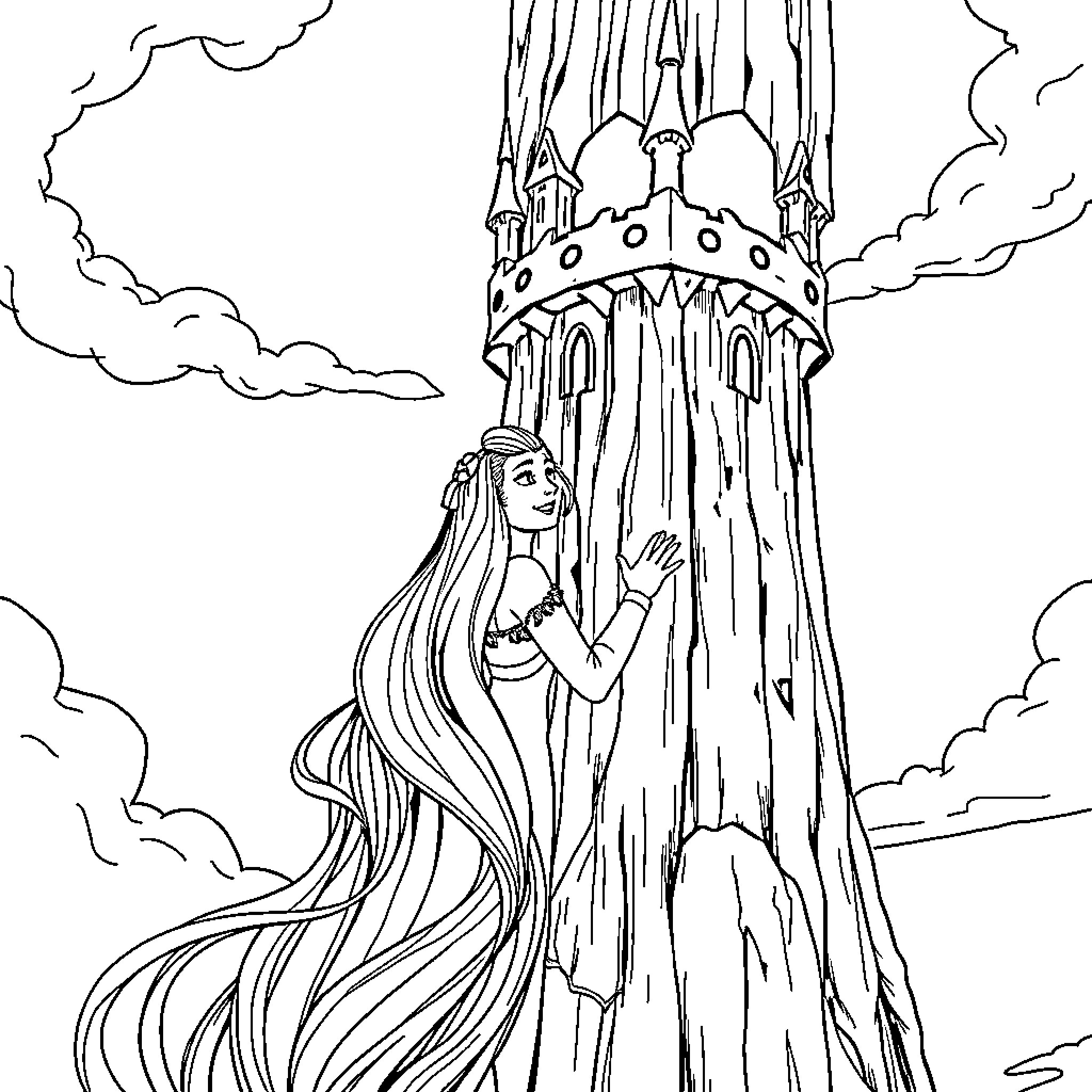 Rapunzel in awe of the towering castle Coloring Page (free black-and-white line drawing printable PDF for all, from beginners to advanced learners, including children, teens, adults, and seniors)