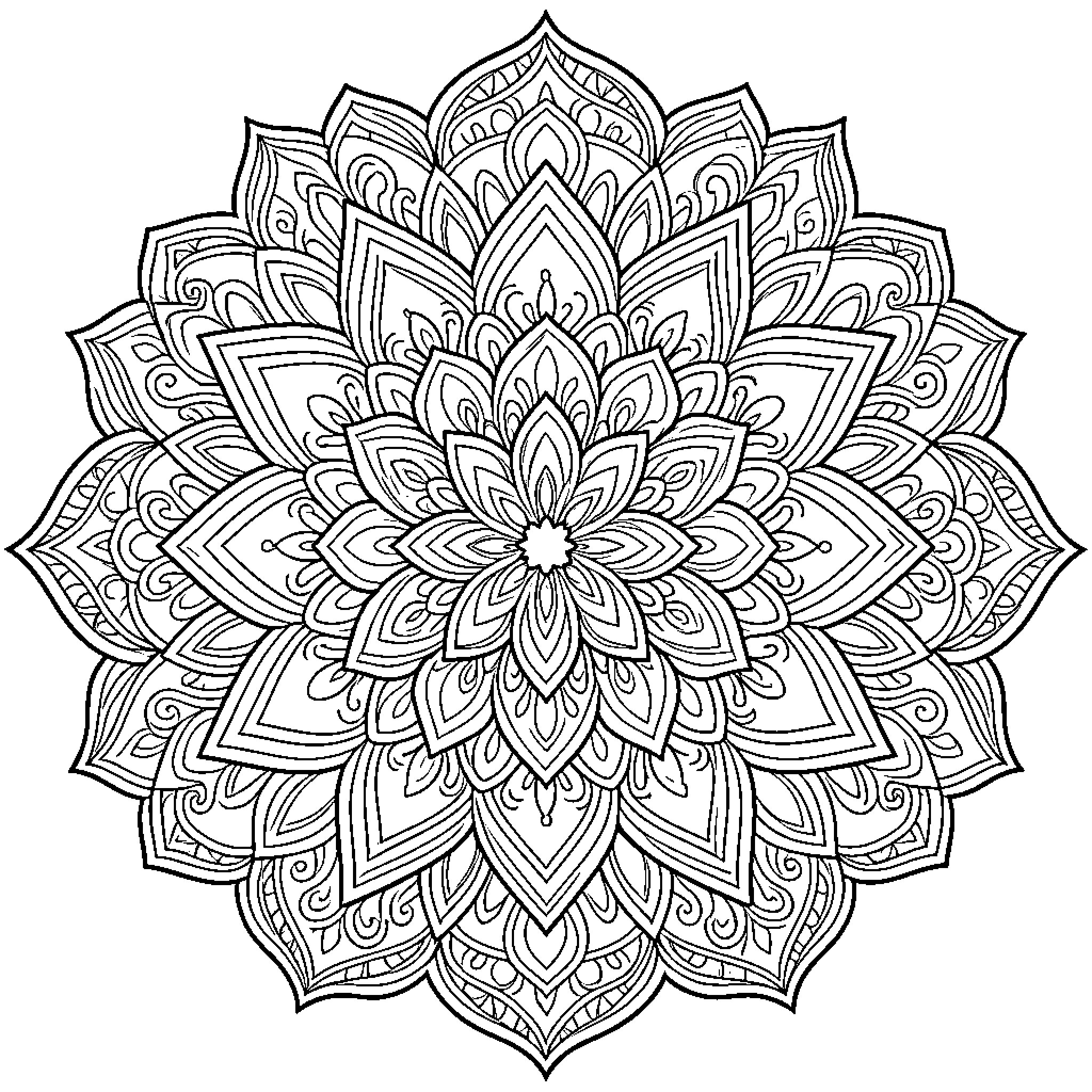 Mandala featuring intricate symmetrical floral petal patterns Coloring Page (free black-and-white line drawing printable PDF for all, from beginners to advanced learners, including children, teens, adults, and seniors)
