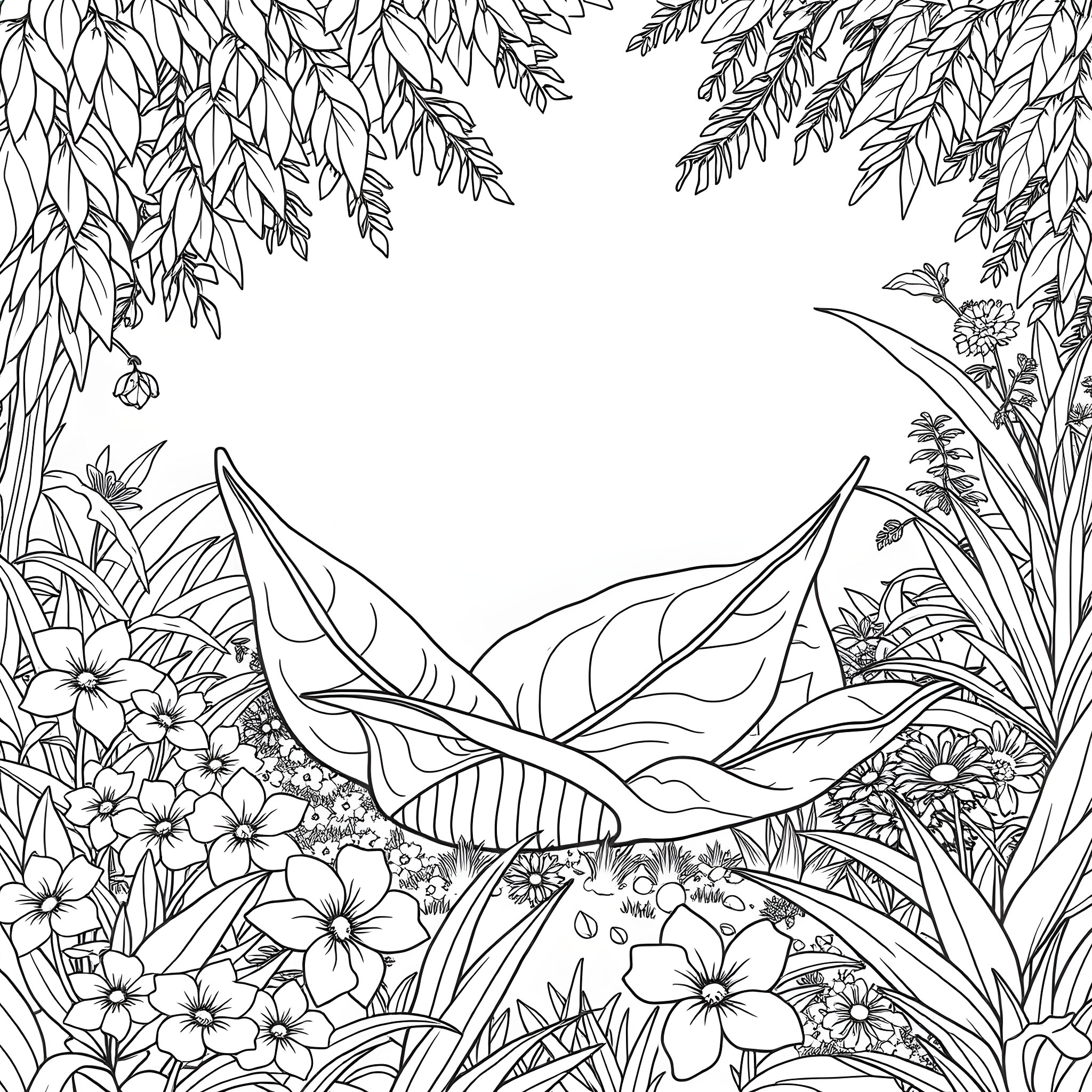 Olaf exploring the lush, flowery garden Coloring Page (free black-and-white line drawing printable PDF for all, from beginners to advanced learners, including children, teens, adults, and seniors)