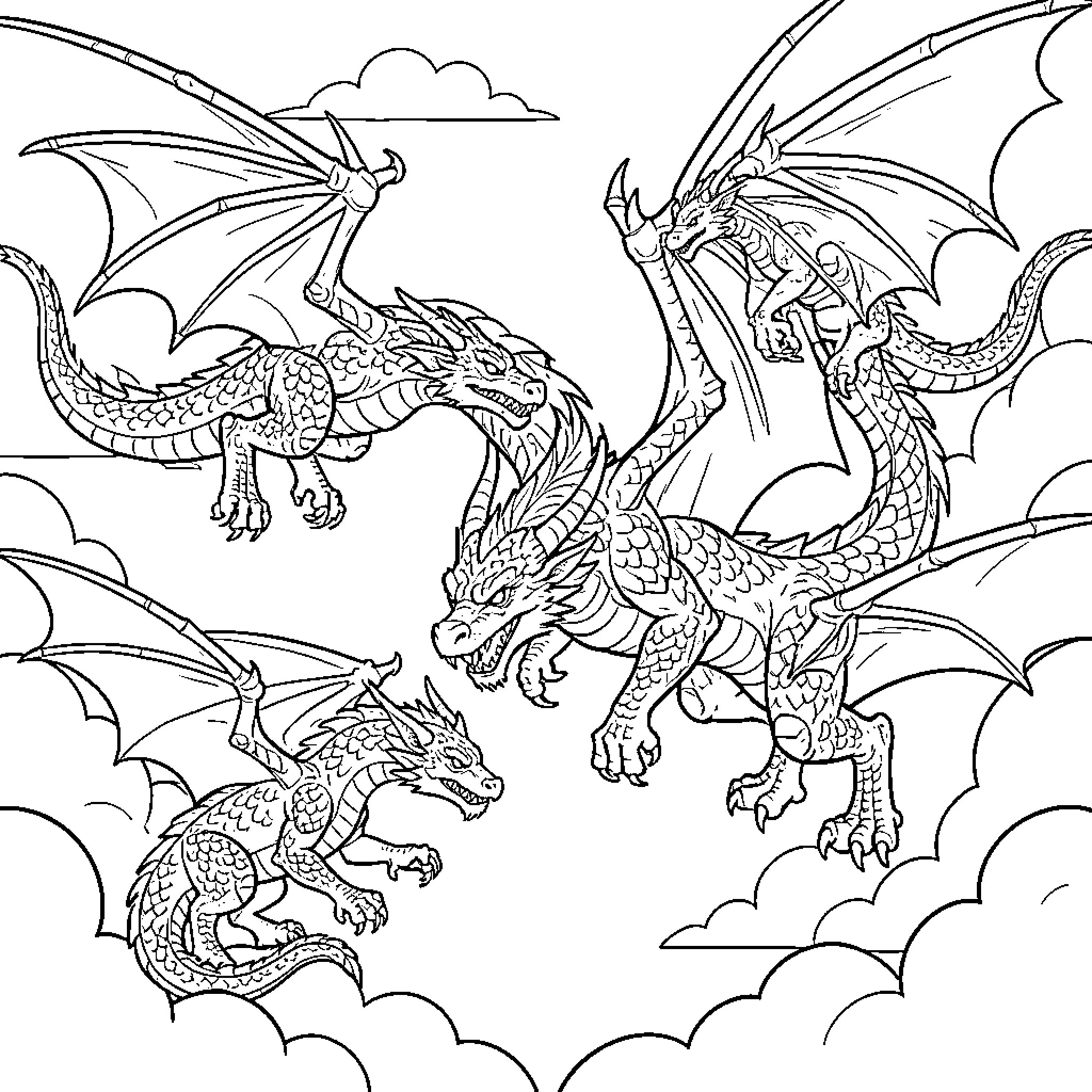 Dragon flying through the clouds among others Coloring Page (free black-and-white line drawing printable PDF for all, from beginners to advanced learners, including children, teens, adults, and seniors)