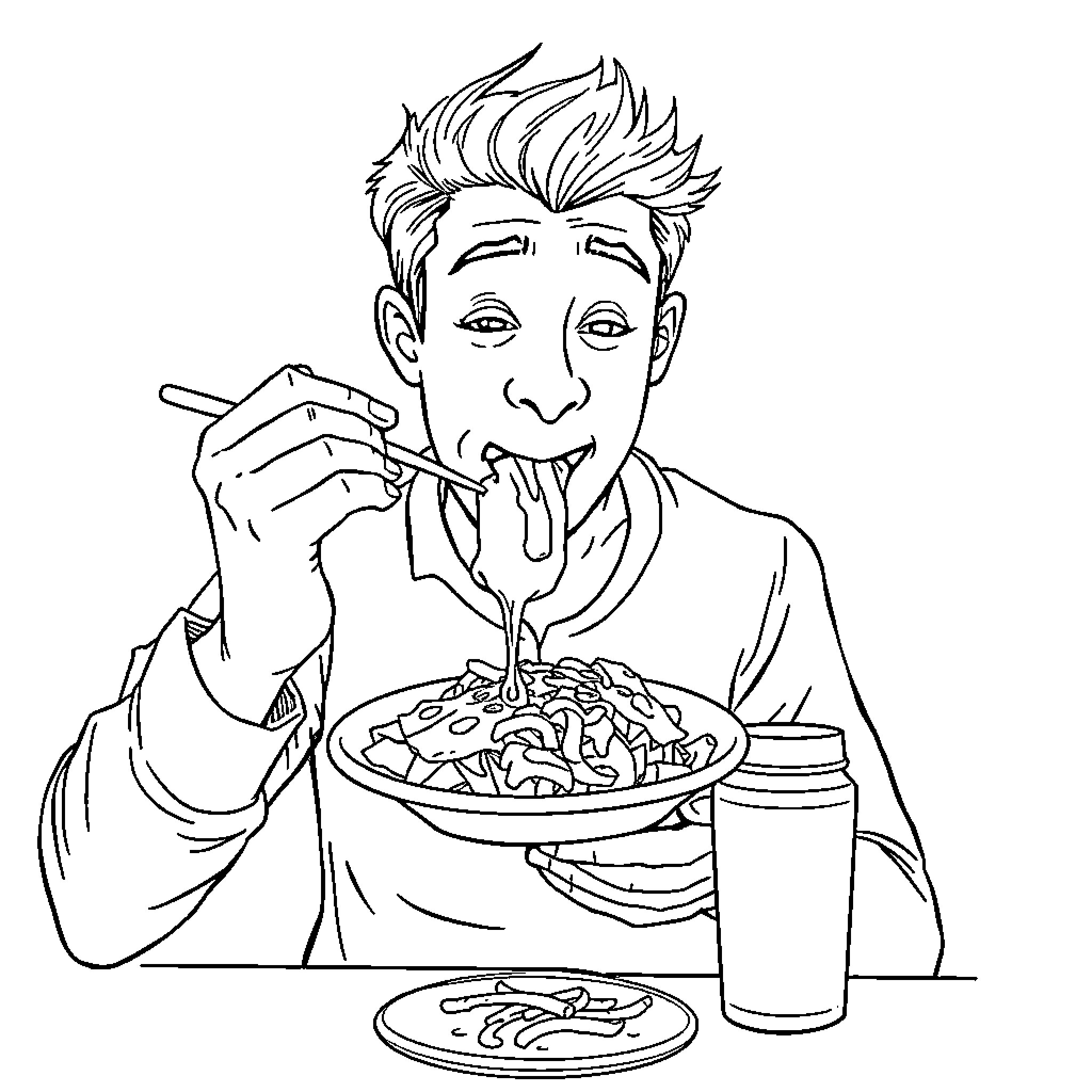 Ass Enjoying Delicious Meal with Enthusiasm Coloring Page (free black-and-white line drawing printable PDF for all, from beginners to advanced learners, including children, teens, adults, and seniors)