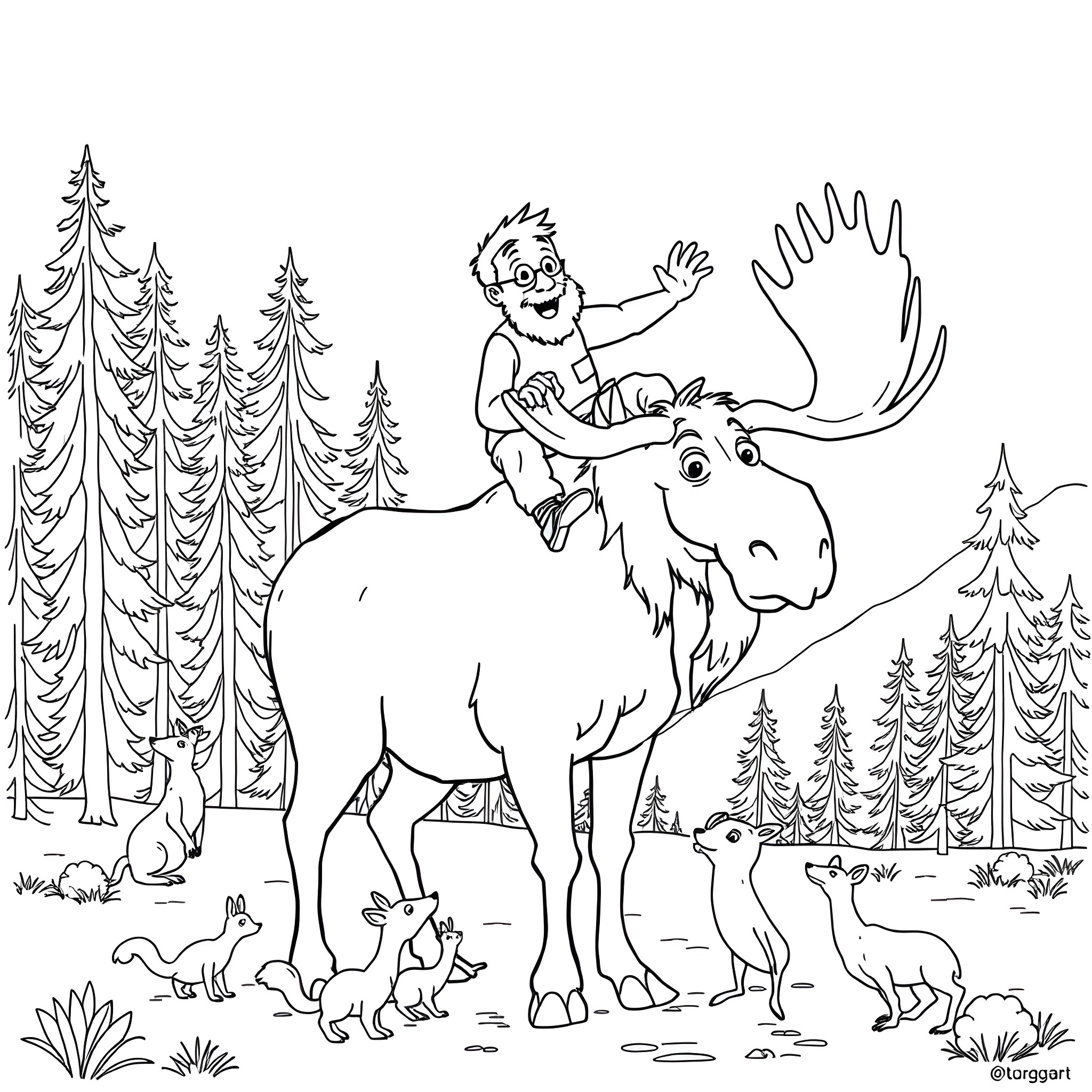 Tom Green riding a happy moose in the forest Coloring Page (free black-and-white line drawing printable PDF for all, from beginners to advanced learners, including children, teens, adults, and seniors)