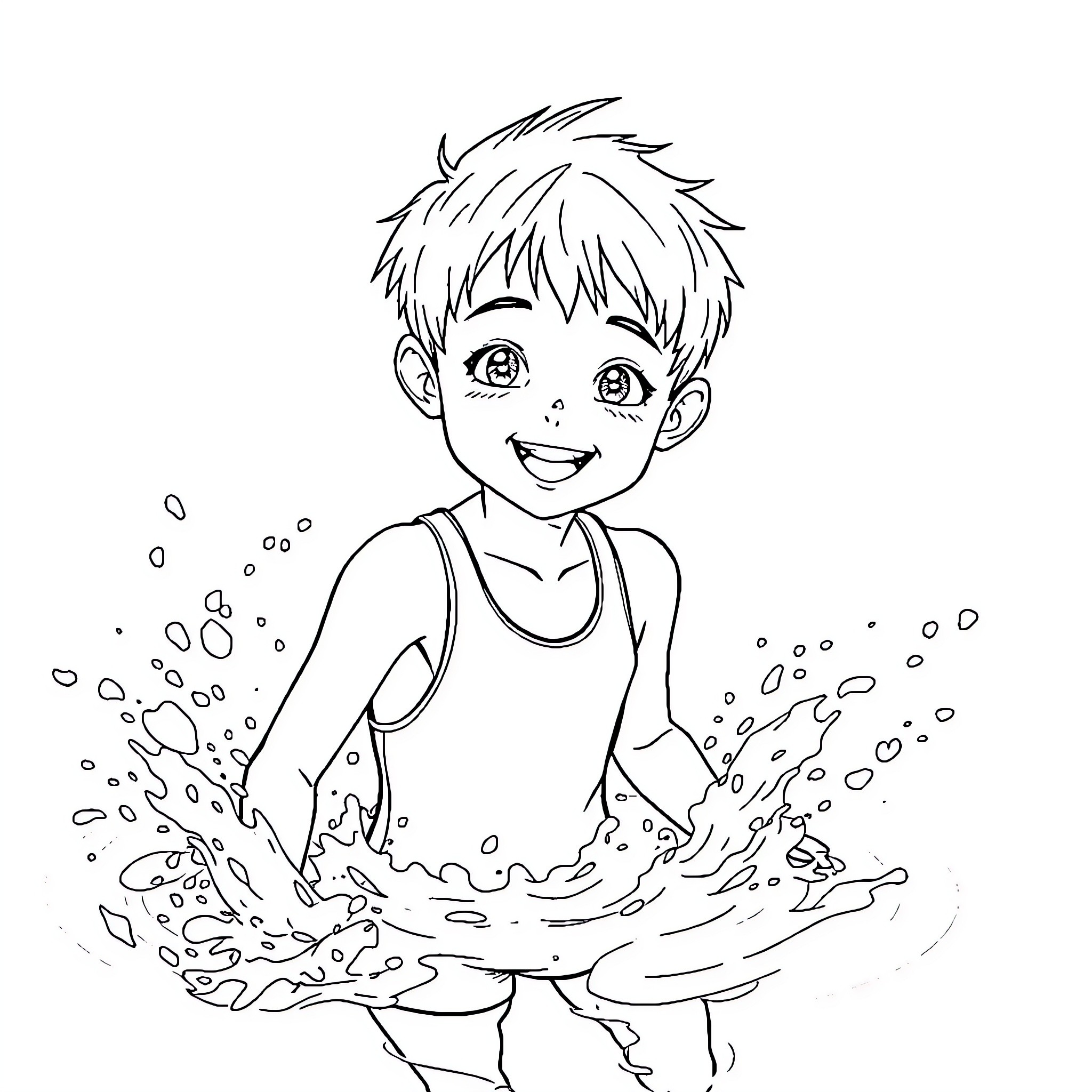 Anime Boy Playing in the Water Happily Coloring Page (free black-and-white line drawing printable PDF for all, from beginners to advanced learners, including children, teens, adults, and seniors)