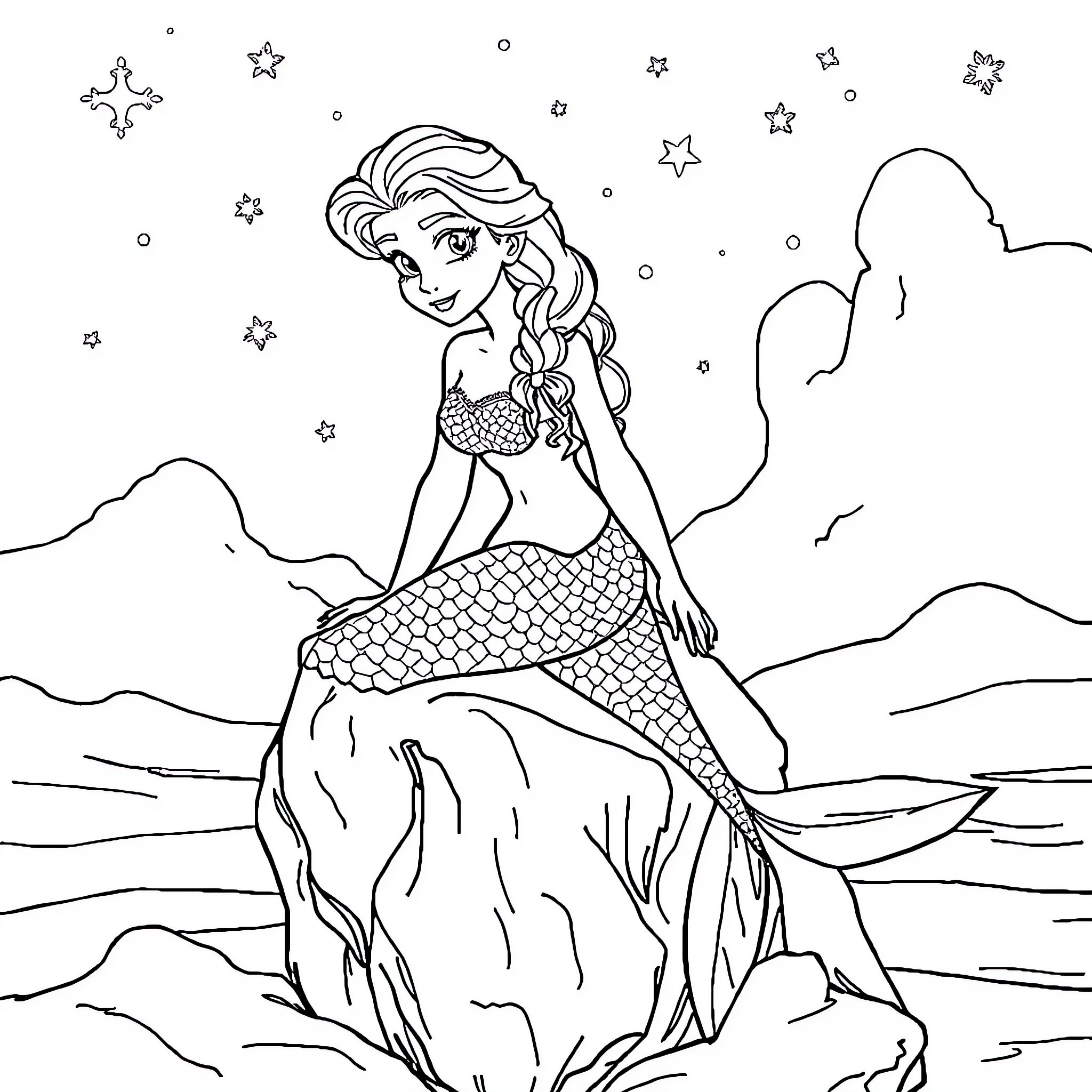 Mermaid enjoying the starry night on the rock Coloring Page (free black-and-white line drawing printable PDF for all, from beginners to advanced learners, including children, teens, adults, and seniors)