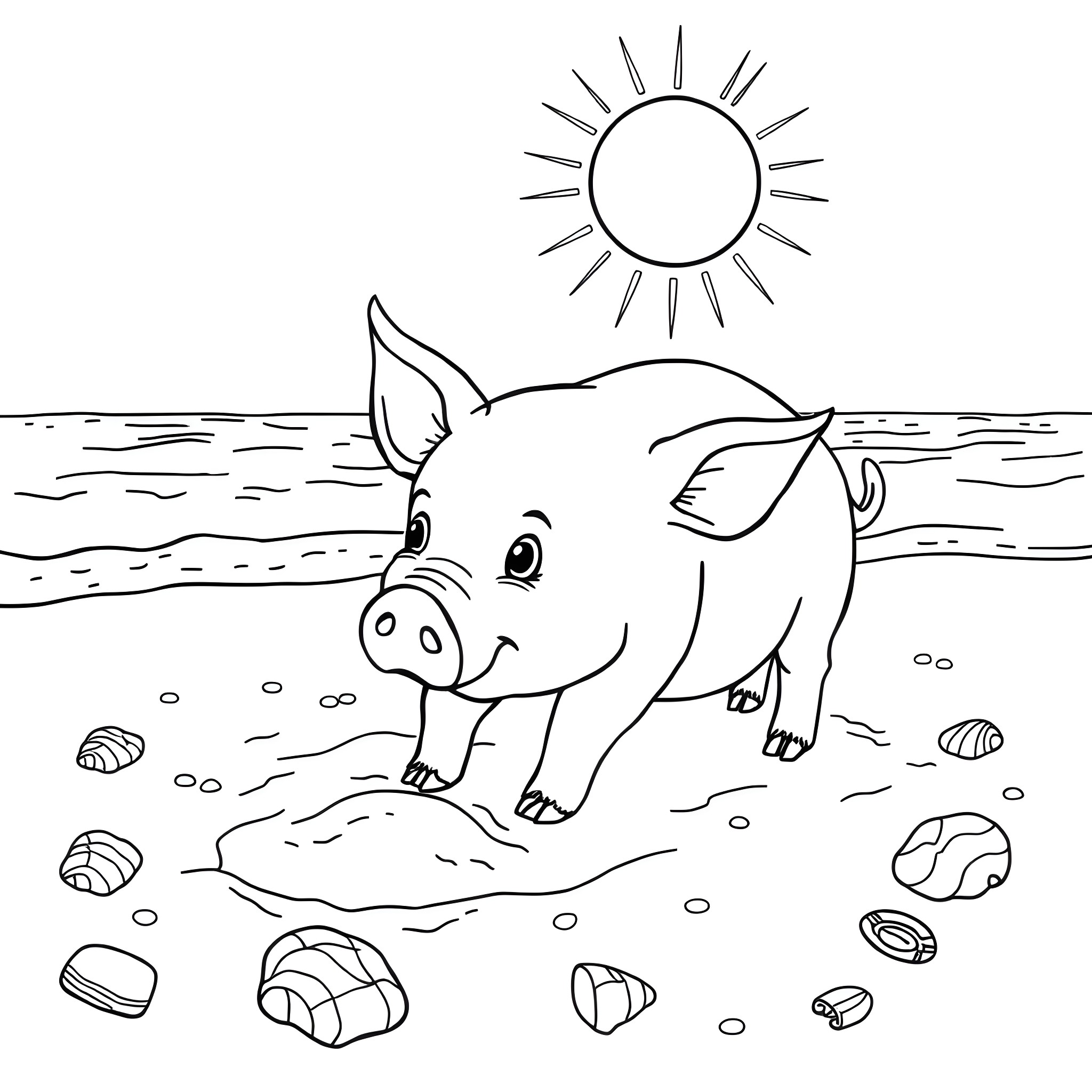 Pig enjoying a sunny day at the beach Coloring Page (free black-and-white line drawing printable PDF for all, from beginners to advanced learners, including children, teens, adults, and seniors)