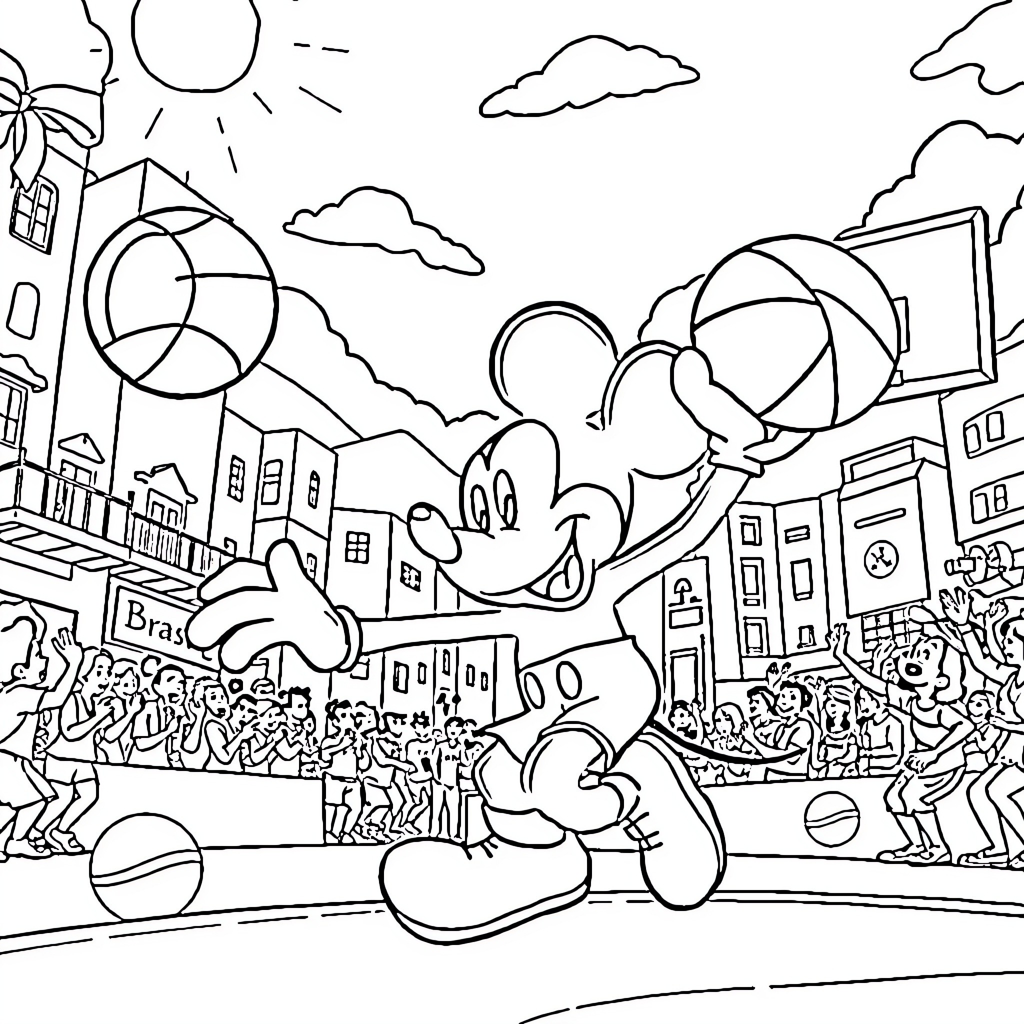Mickey Mouse in Lively City Parade Coloring Page (free black-and-white line drawing printable PDF for all, from beginners to advanced learners, including children, teens, adults, and seniors)
