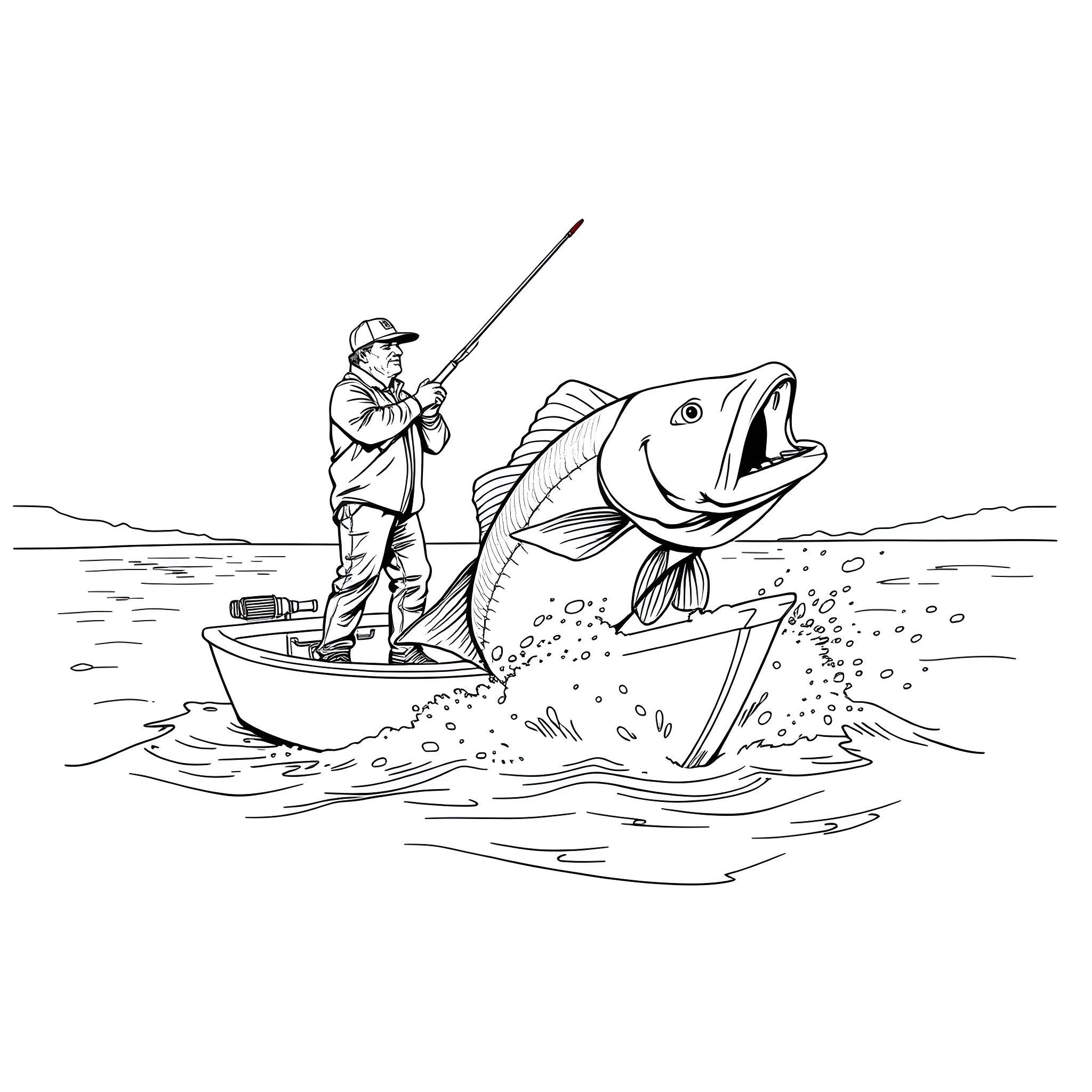 Boat Fishing with Large Catch Coloring Page (free black-and-white line drawing printable PDF for all, from beginners to advanced learners, including children, teens, adults, and seniors)