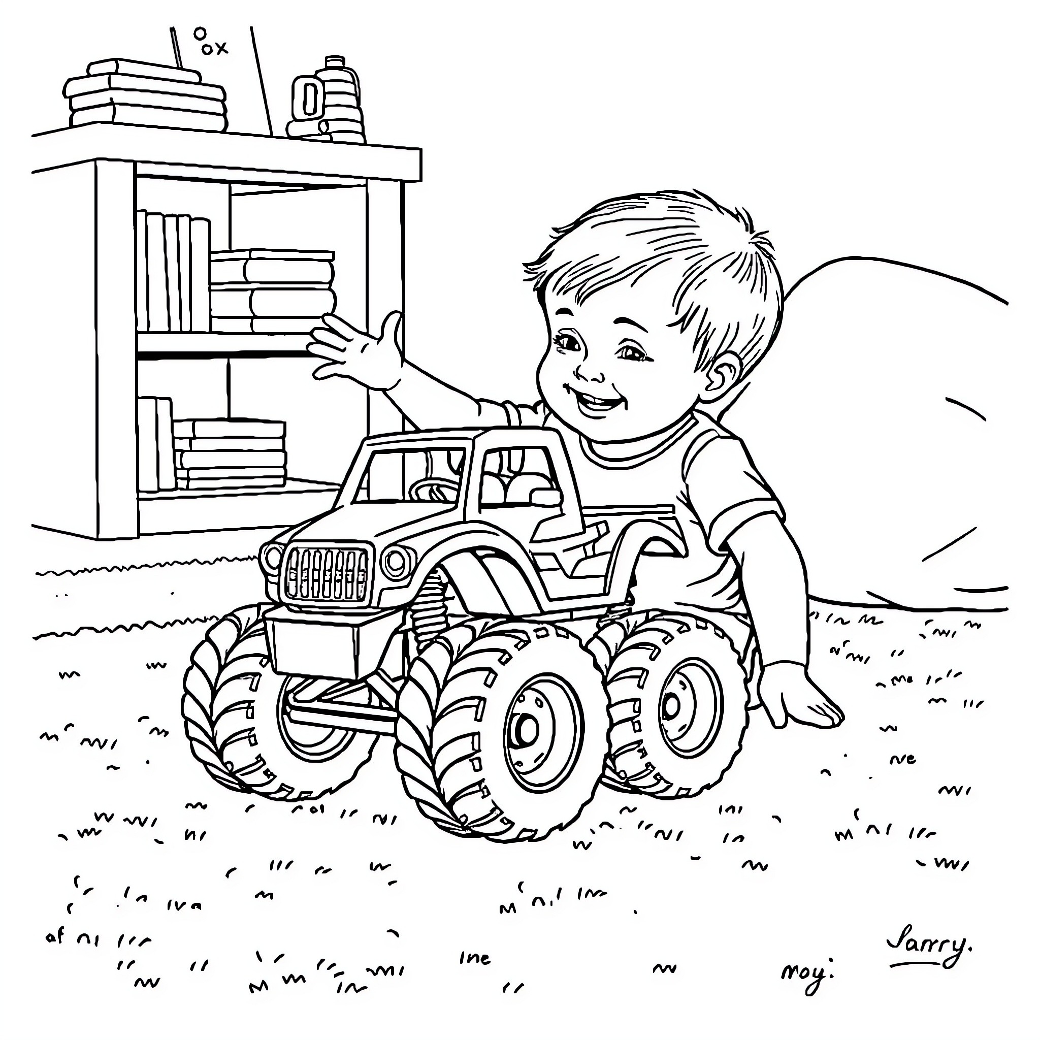 Child playing happily with toy monster truck Coloring Page (free black-and-white line drawing printable PDF for all, from beginners to advanced learners, including children, teens, adults, and seniors)