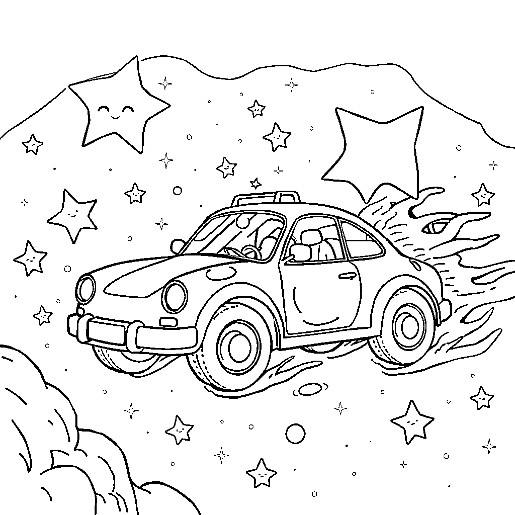 Space Car traveling among the stars Coloring Page (free black-and-white line drawing printable PDF for all, from beginners to advanced learners, including children, teens, adults, and seniors)