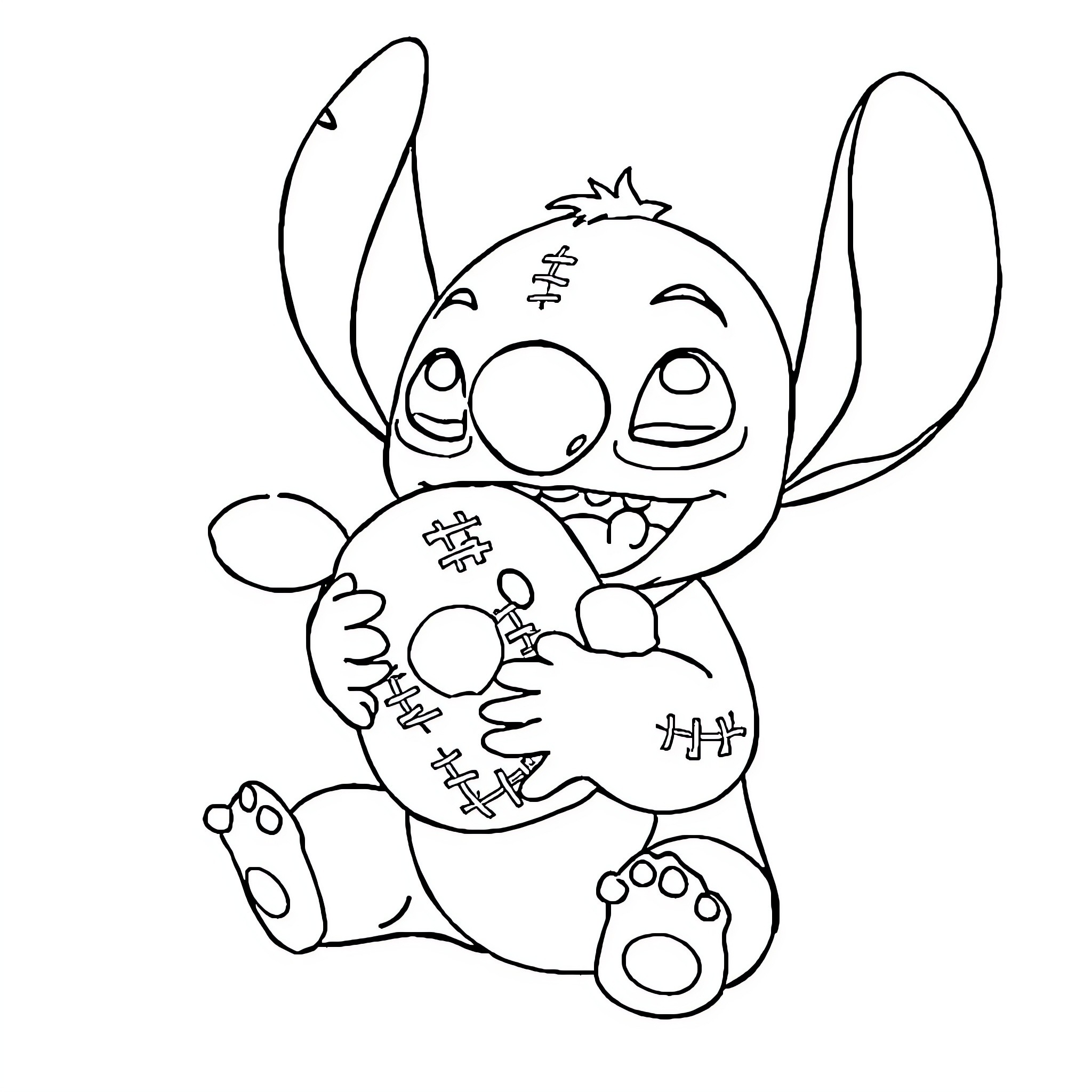Stitch sitting and embracing a heart-shaped object Coloring Page (free black-and-white line drawing printable PDF for all, from beginners to advanced learners, including children, teens, adults, and seniors)