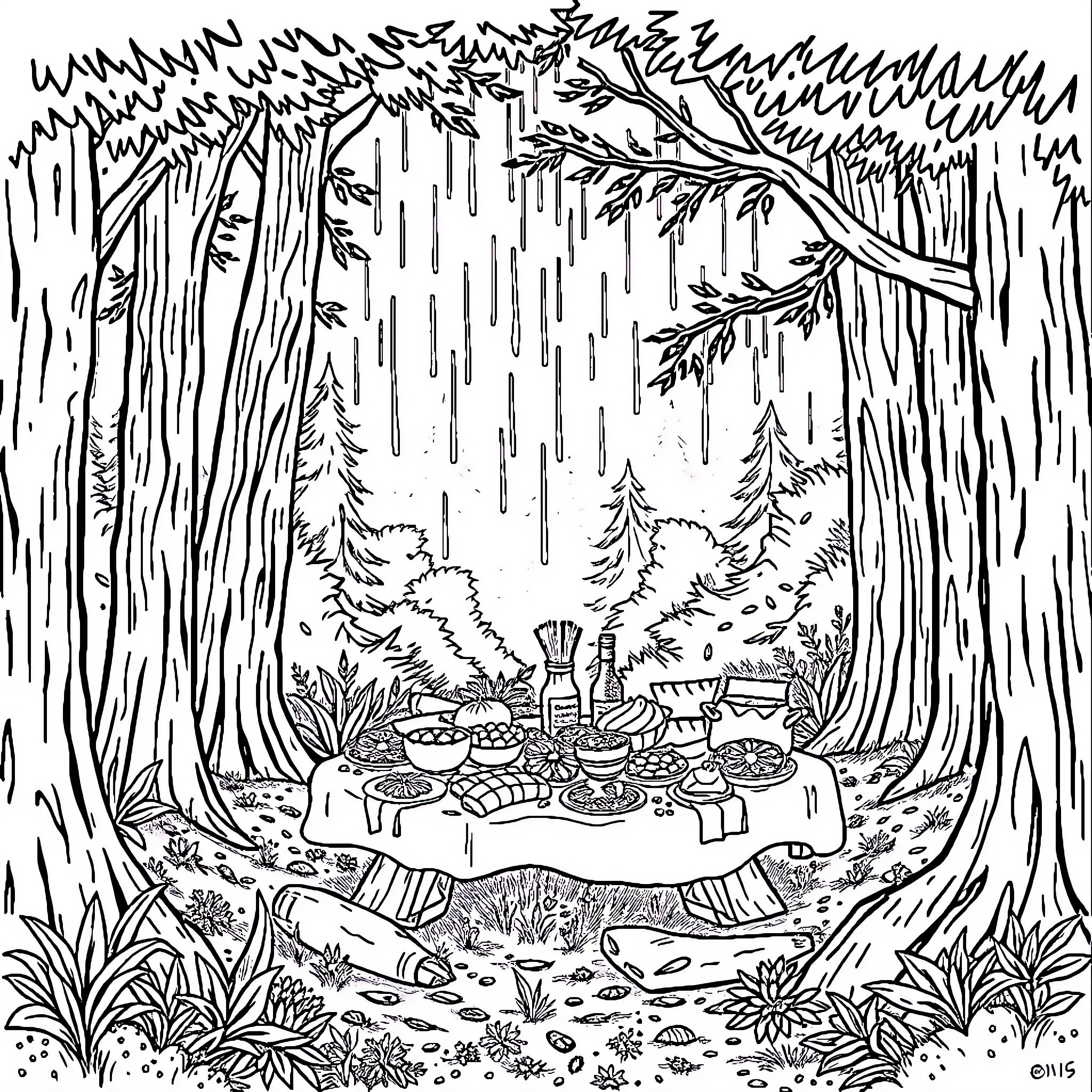 Food picnic in the forest Coloring Page (free black-and-white line drawing printable PDF for all, from beginners to advanced learners, including children, teens, adults, and seniors)