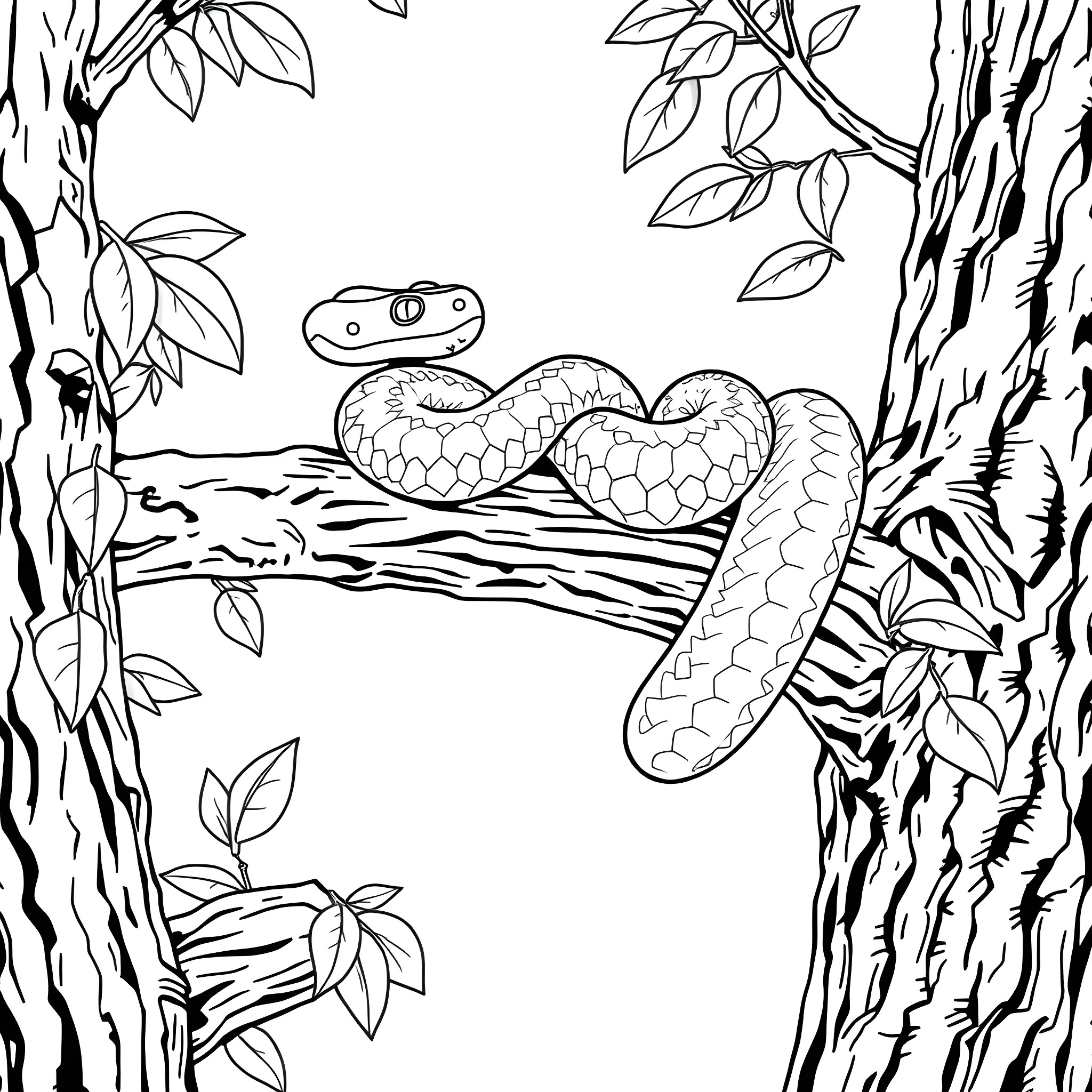 Viper coiled on log in forest Coloring Page (free black-and-white line drawing printable PDF for all, from beginners to advanced learners, including children, teens, adults, and seniors)