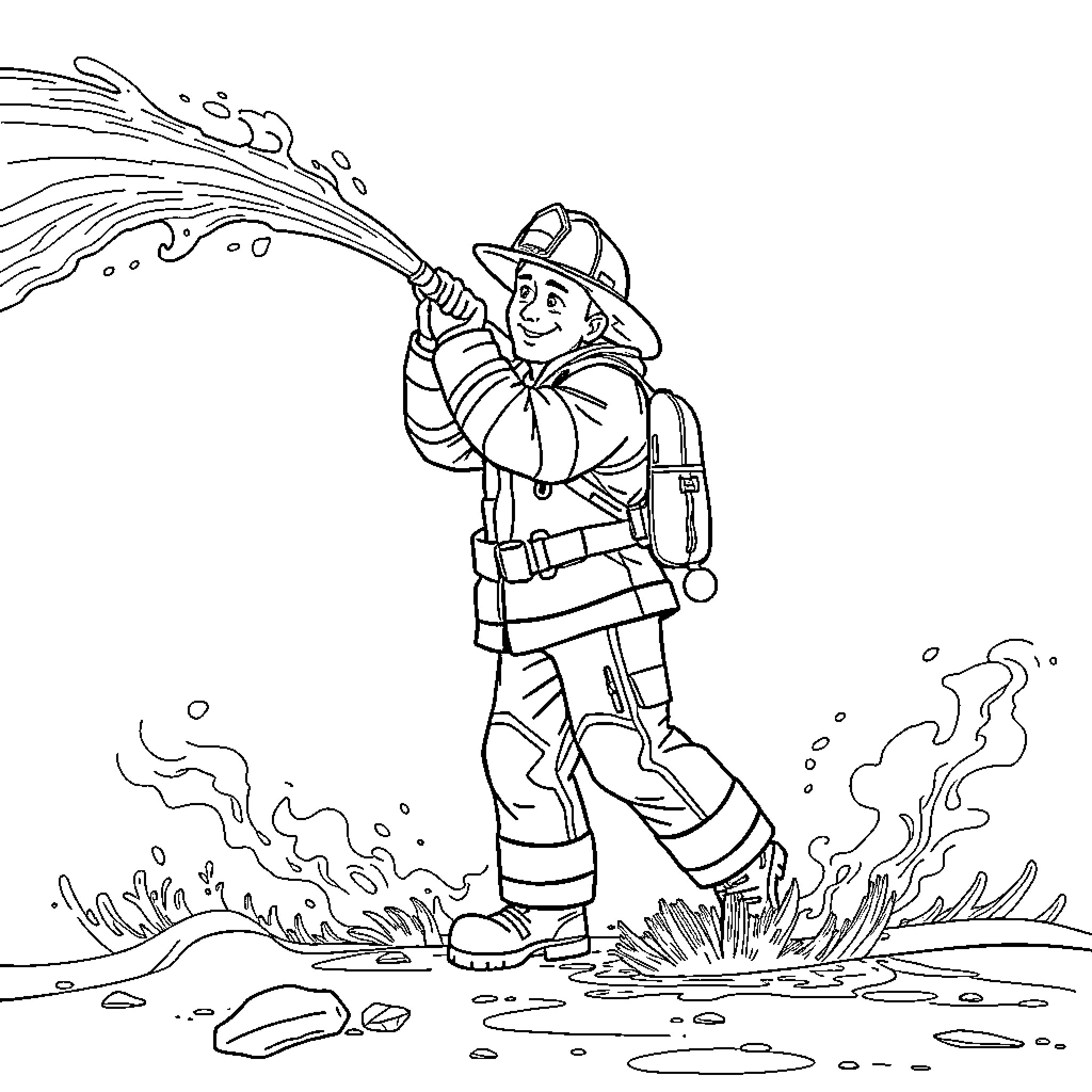 Firefighter Spraying Water During Emergency Response Coloring Page (free black-and-white line drawing printable PDF for all, from beginners to advanced learners, including children, teens, adults, and seniors)