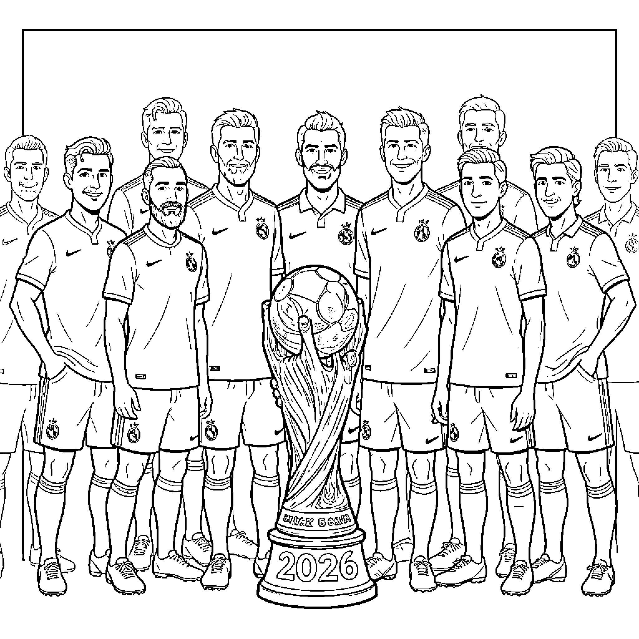 World Cup Captain leading team with trophy Coloring Page (free black-and-white line drawing printable PDF for all, from beginners to advanced learners, including children, teens, adults, and seniors)