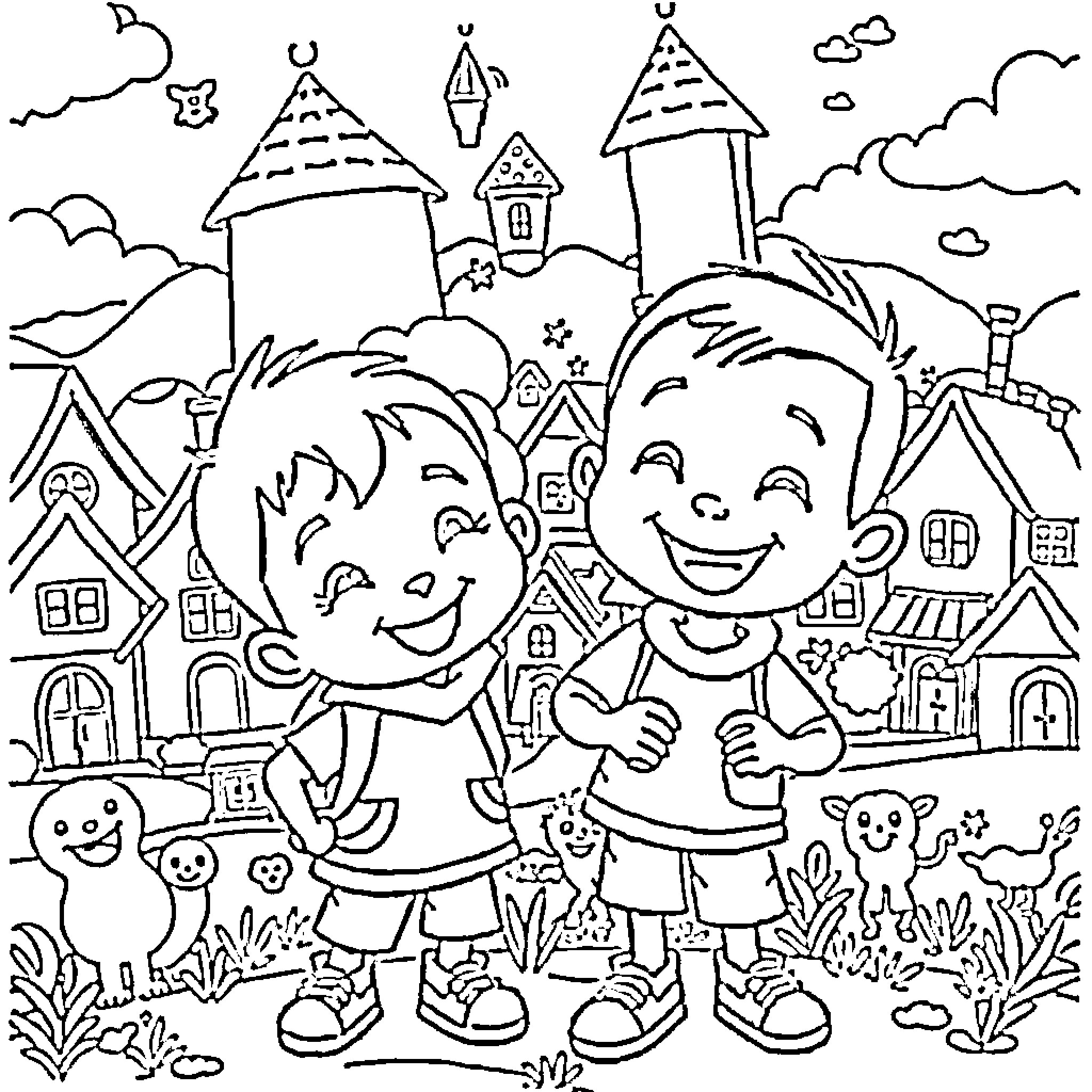 Upin Ipin's Cheerful Adventure in Fairy Tale Village Coloring Page (free black-and-white line drawing printable PDF for all, from beginners to advanced learners, including children, teens, adults, and seniors)