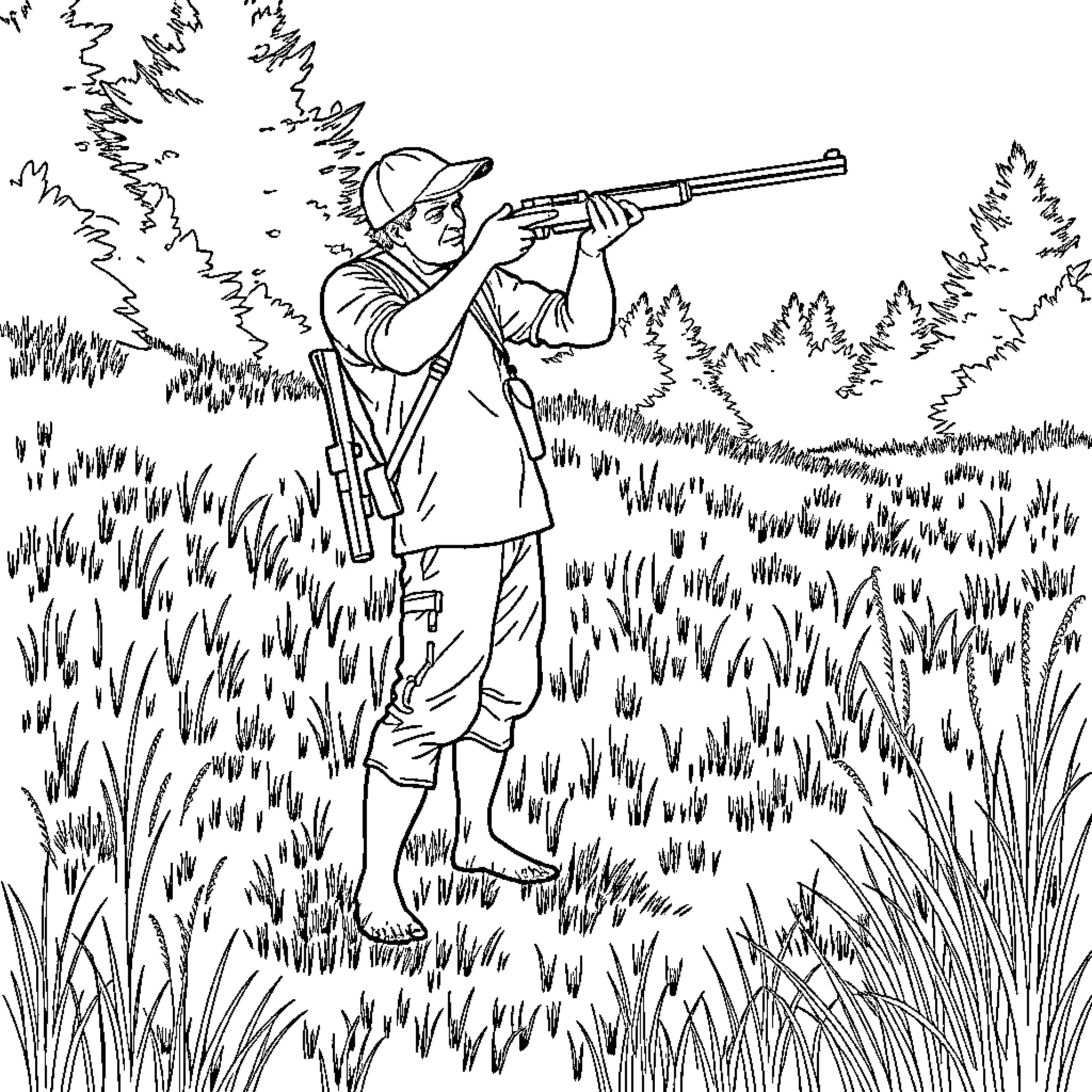 Hunter Aiming Rifle in Wilderness Landscape Coloring Page (free black-and-white line drawing printable PDF for all, from beginners to advanced learners, including children, teens, adults, and seniors)