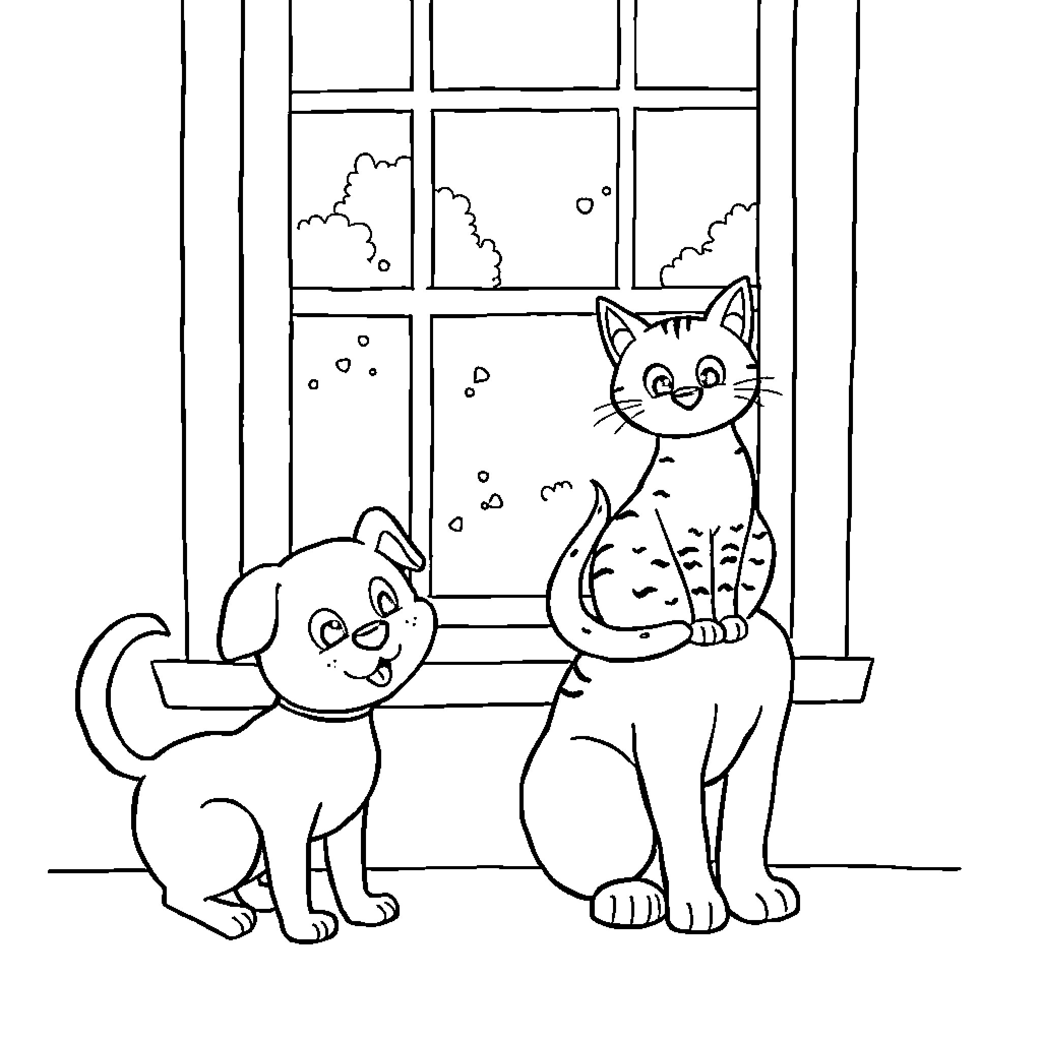 Dog and Cat Spending Time Together by the Window Coloring Page (free black-and-white line drawing printable PDF for all, from beginners to advanced learners, including children, teens, adults, and seniors)