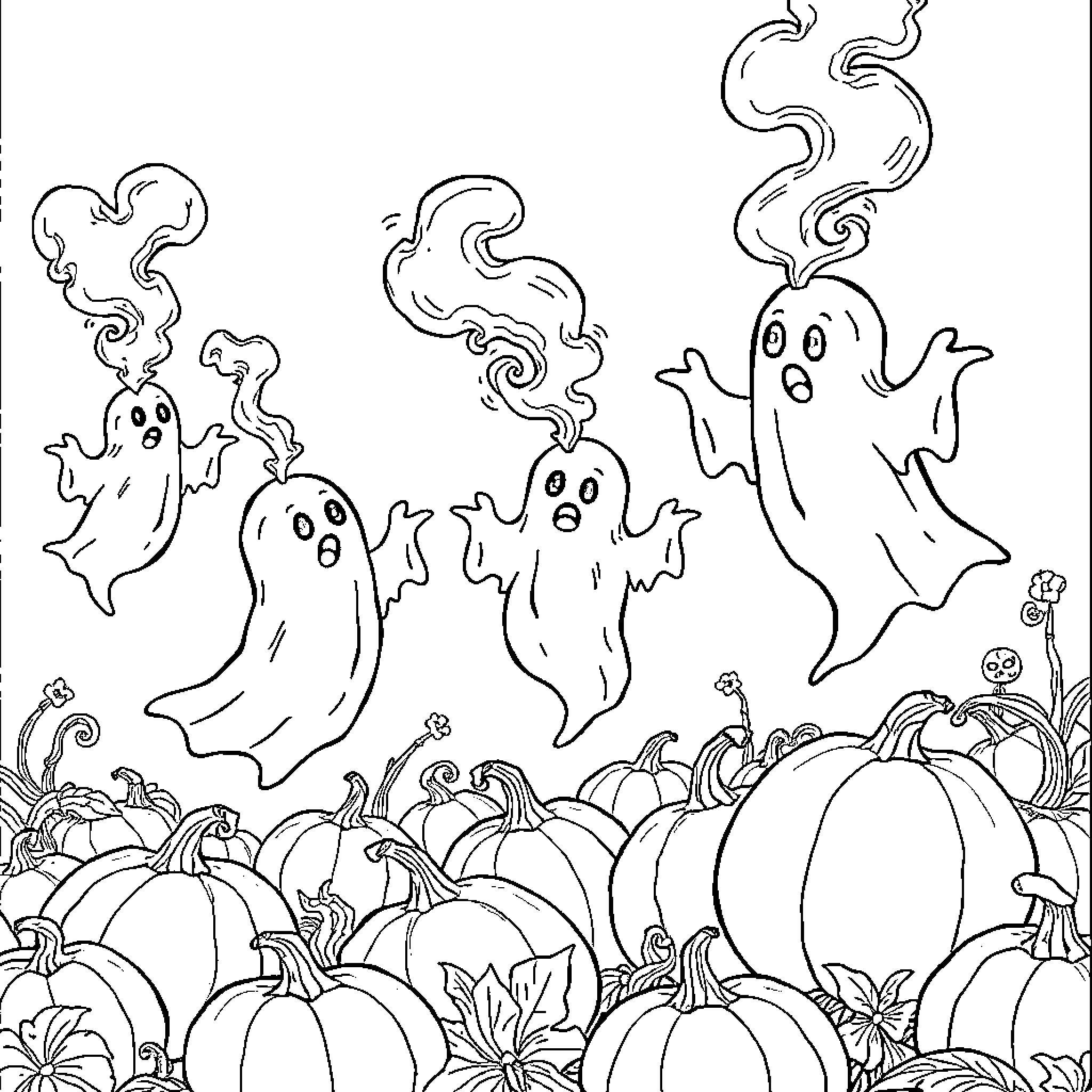 Ghost Spirits Floating Above Pumpkin Patch Coloring Page (free black-and-white line drawing printable PDF for all, from beginners to advanced learners, including children, teens, adults, and seniors)