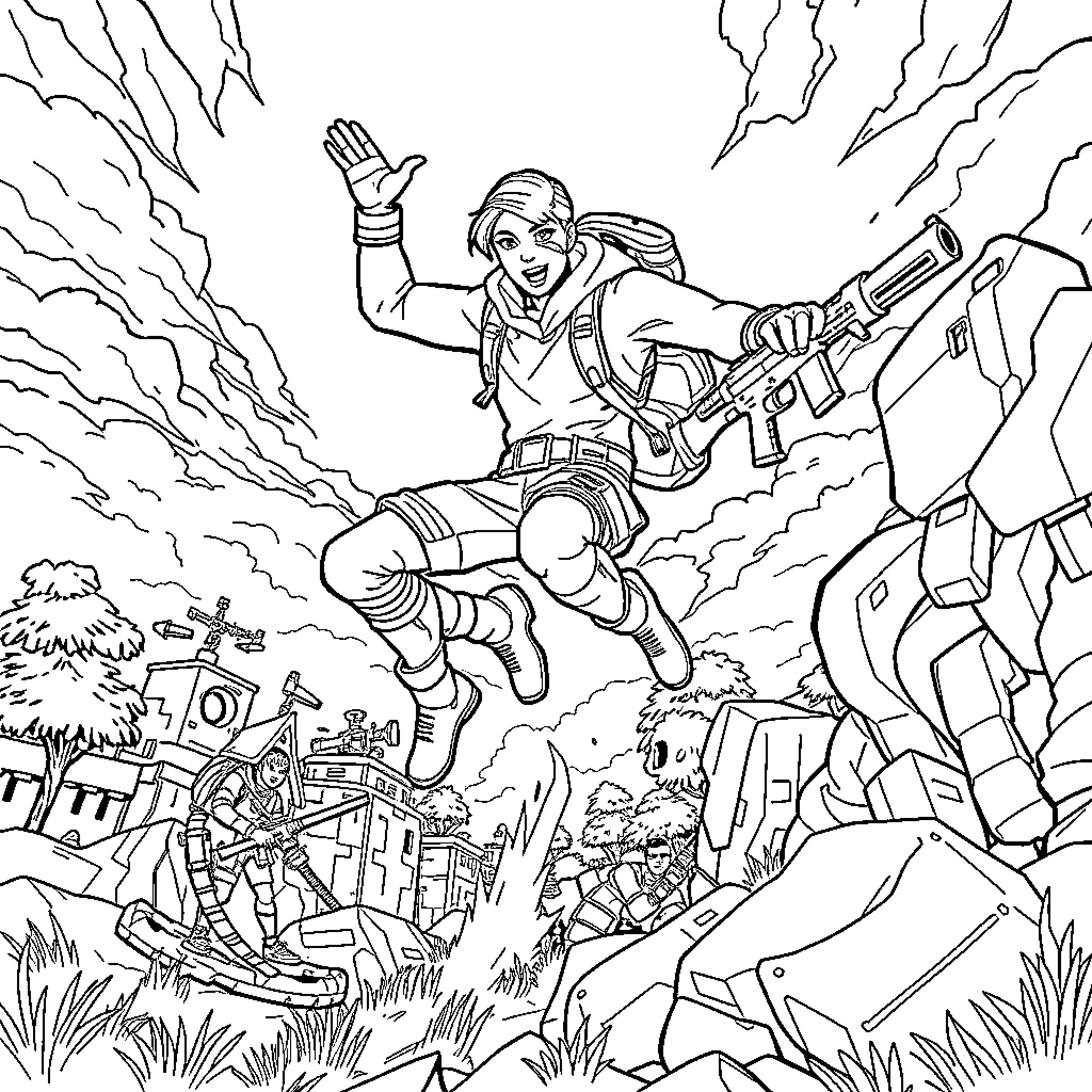 Fortnite Action Packed Adventure with Player Character Coloring Page (free black-and-white line drawing printable PDF for all, from beginners to advanced learners, including children, teens, adults, and seniors)