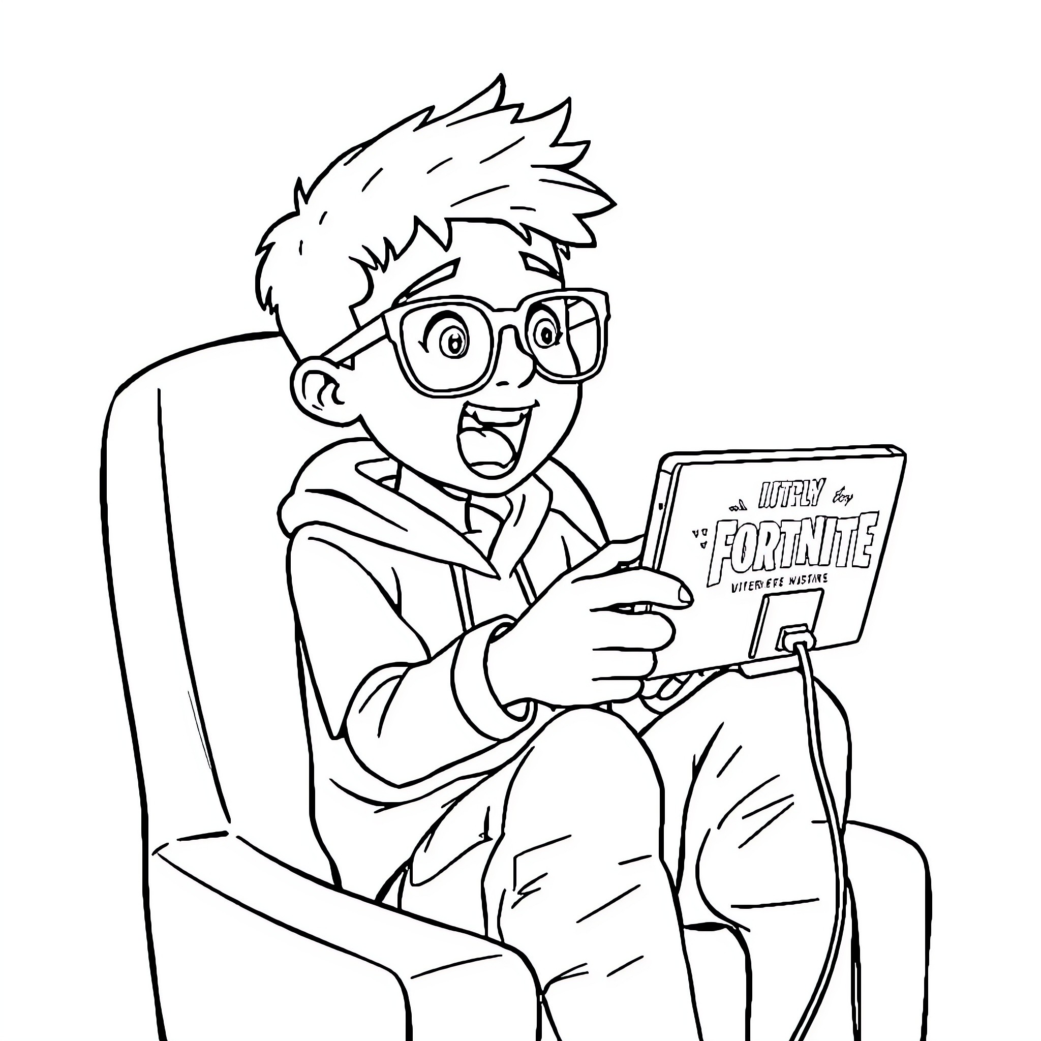 Kid excited playing video game on tablet Coloring Page (free black-and-white line drawing printable PDF for all, from beginners to advanced learners, including children, teens, adults, and seniors)