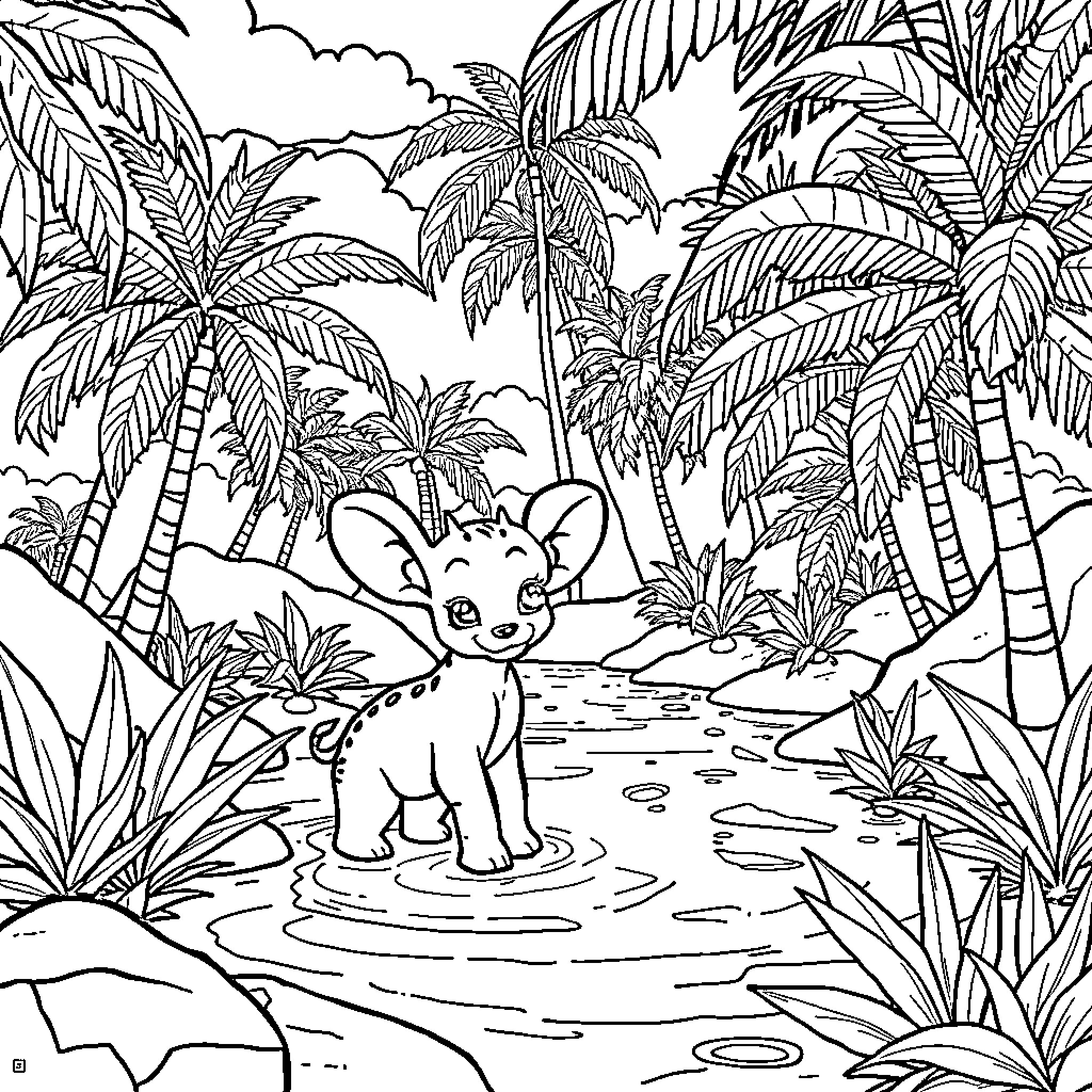 Fennec fox exploring tropical jungle landscape Coloring Page (free black-and-white line drawing printable PDF for all, from beginners to advanced learners, including children, teens, adults, and seniors)