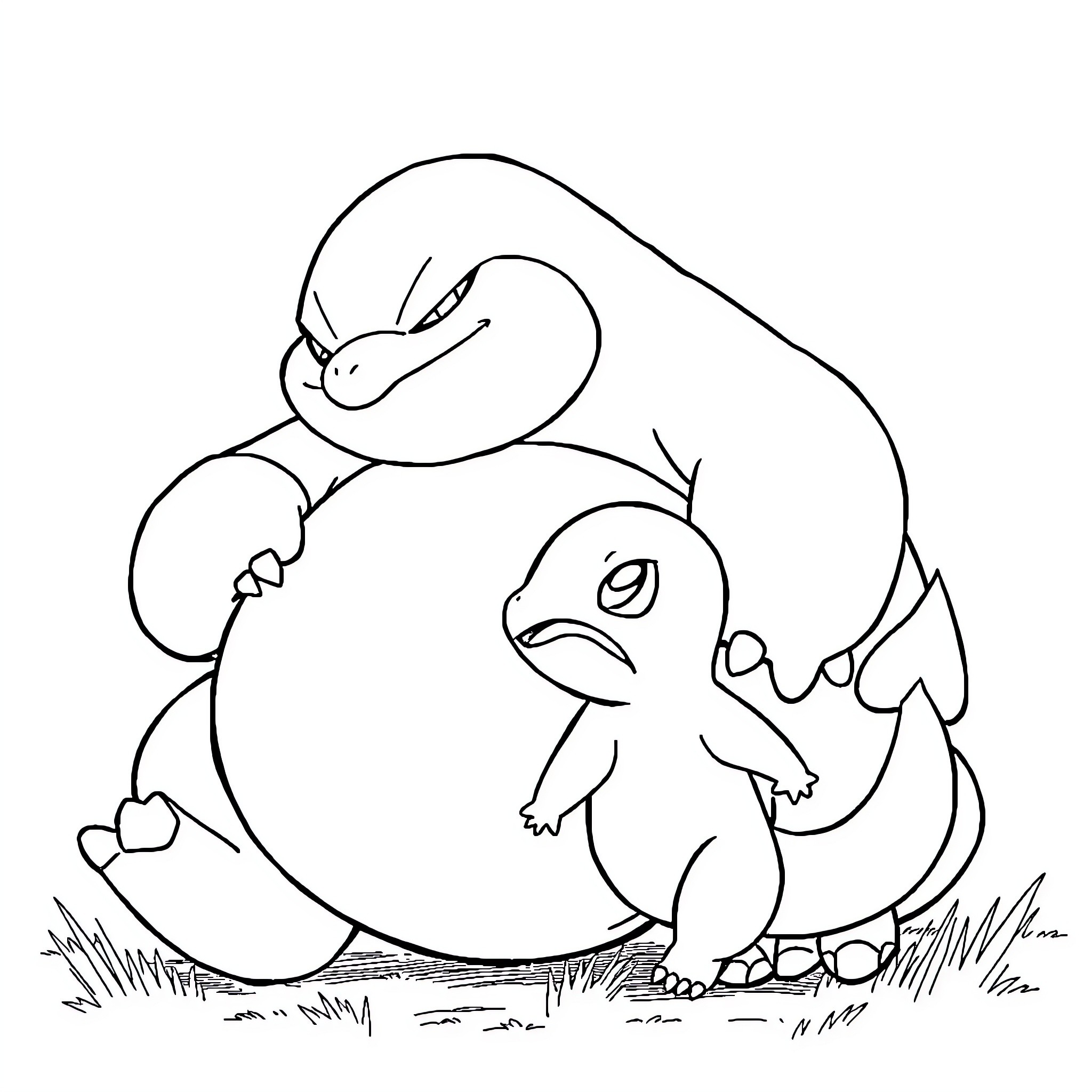 Snorlax sleeping peacefully with Charmander Coloring Page (free black-and-white line drawing printable PDF for all, from beginners to advanced learners, including children, teens, adults, and seniors)