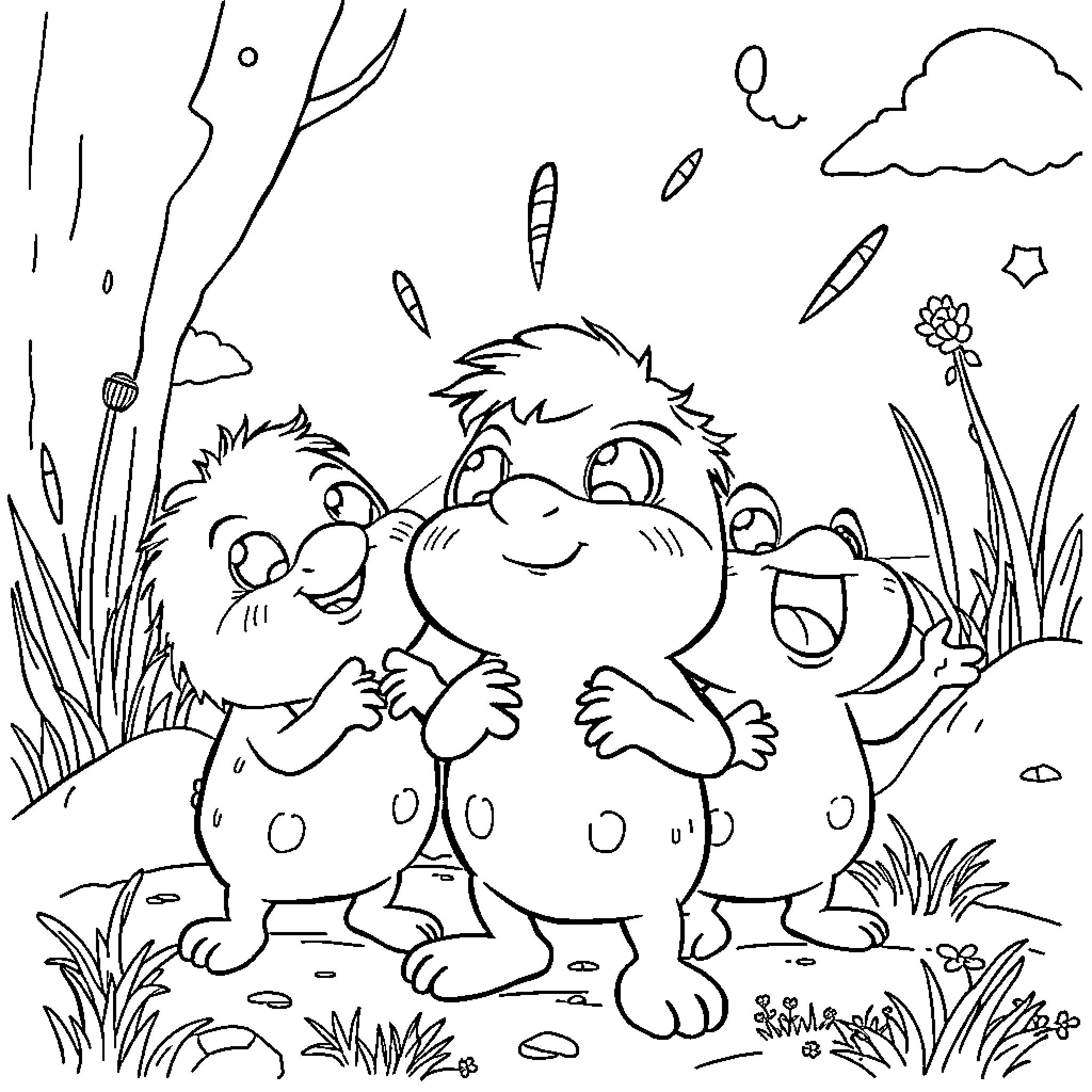 Lemming characters laughing together in a natural landscape Coloring Page (free black-and-white line drawing printable PDF for all, from beginners to advanced learners, including children, teens, adults, and seniors)