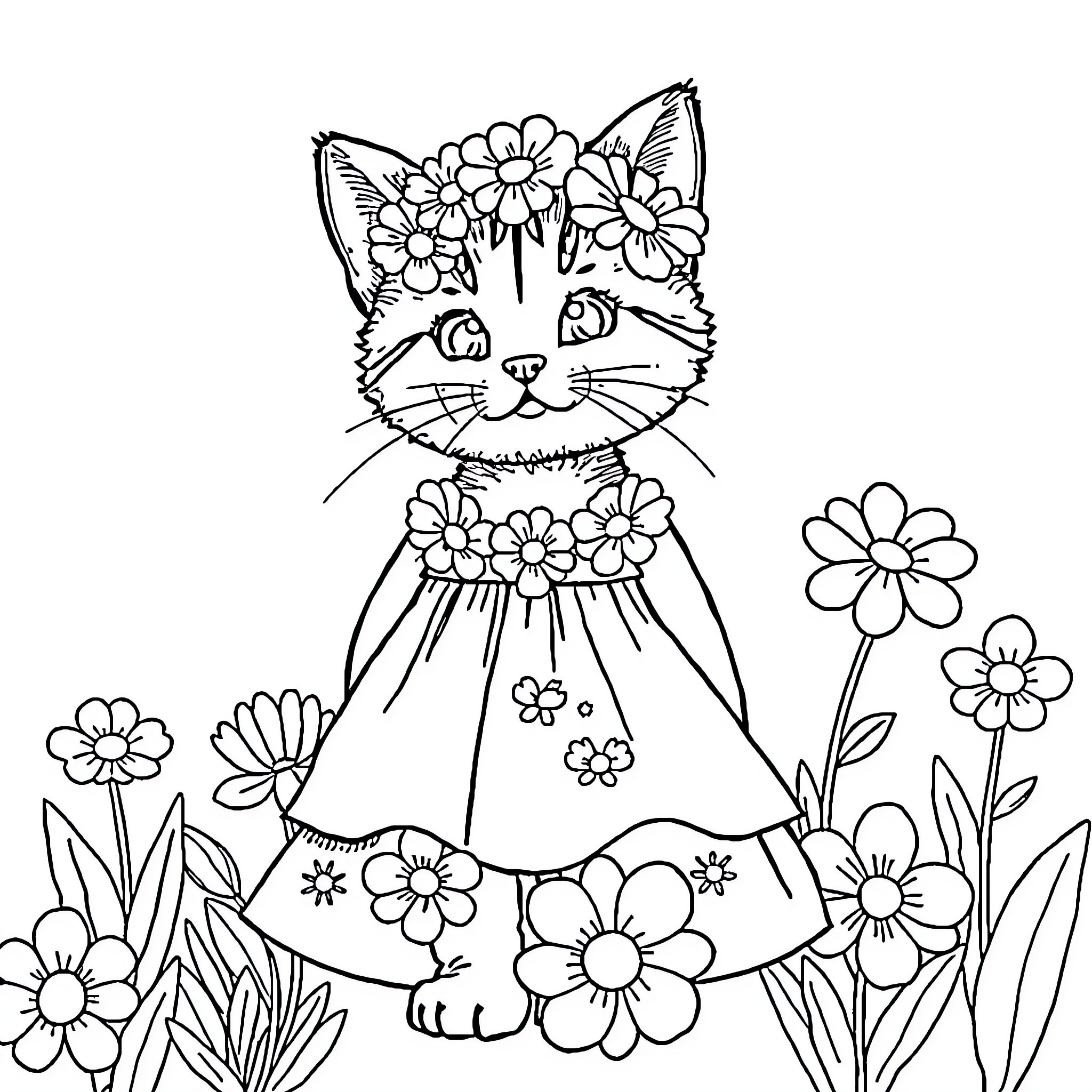 Lafufu's Flower Garden Adventure Coloring Page (free black-and-white line drawing printable PDF for all, from beginners to advanced learners, including children, teens, adults, and seniors)