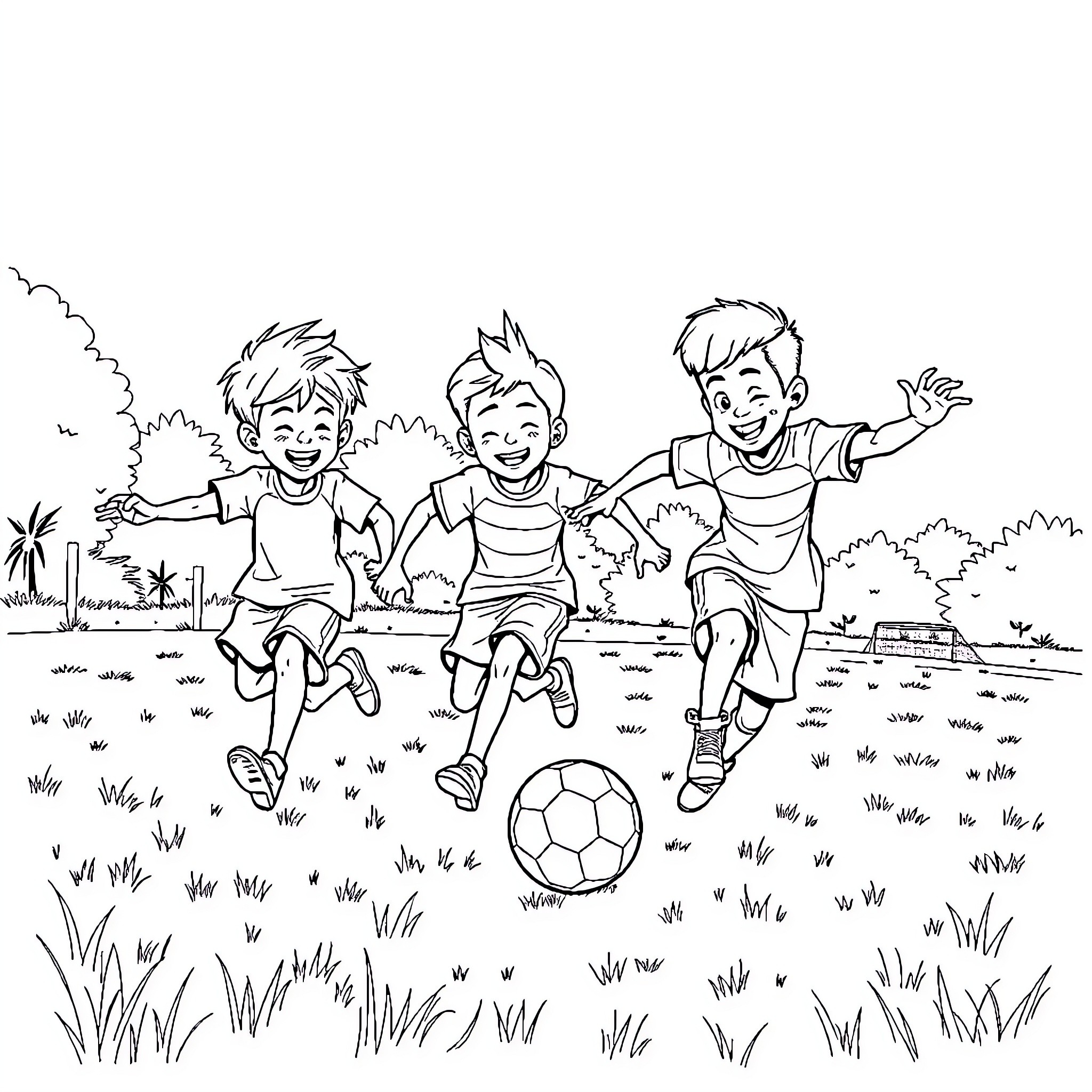 Boy happily playing soccer with friends in the park Coloring Page (free black-and-white line drawing printable PDF for all, from beginners to advanced learners, including children, teens, adults, and seniors)